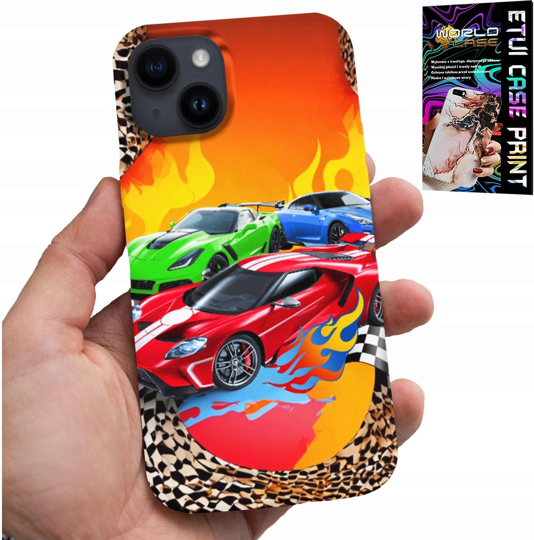 ETUI DO IPHONE 15 - DLA DZIECI, SAMOCHODY WYŚCIGOWE + SZKŁO