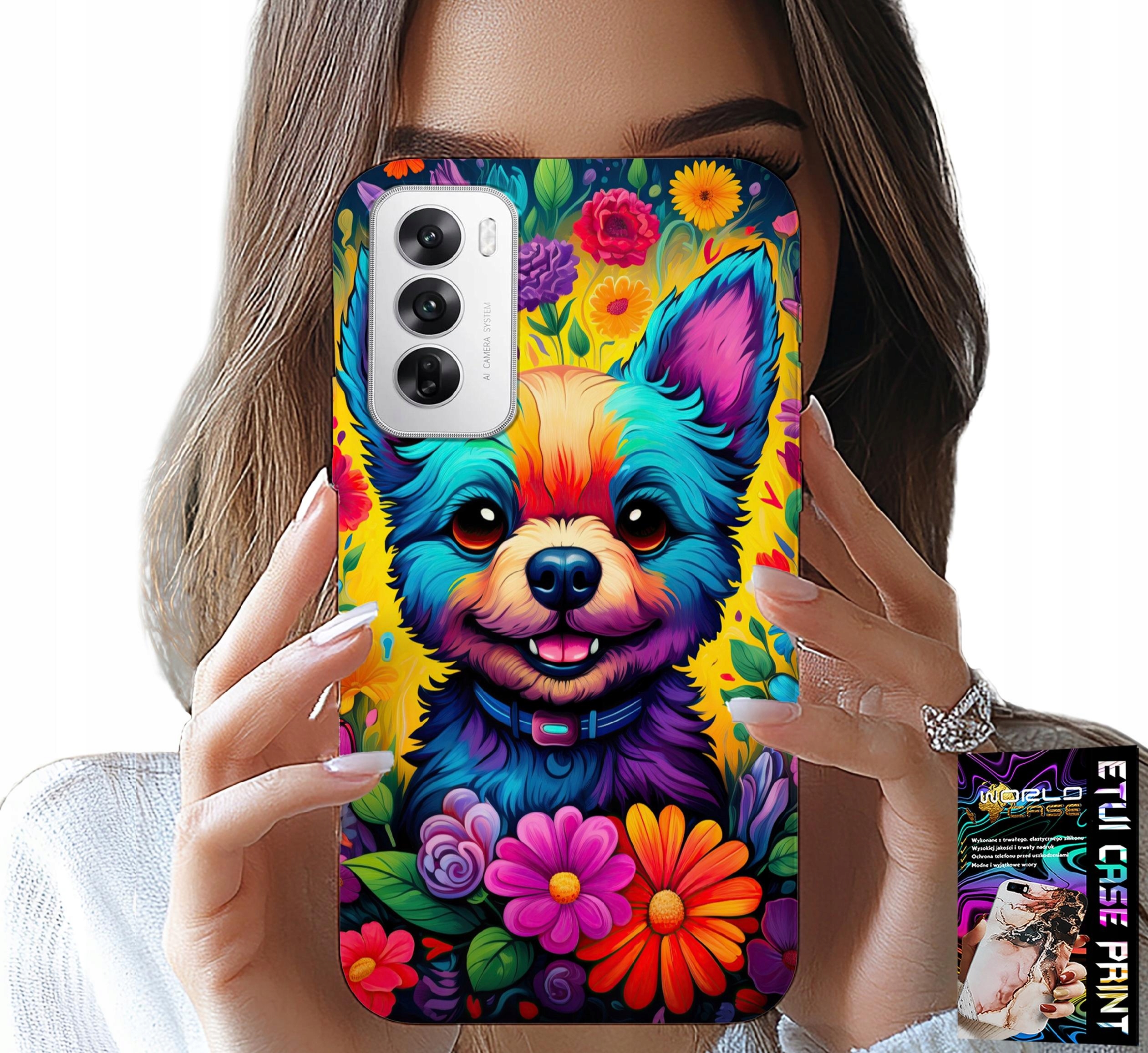 ETUI DO OPPO RENO12 5G - KWIACISTE WZORY PIESEK PIES JORK PLECKI