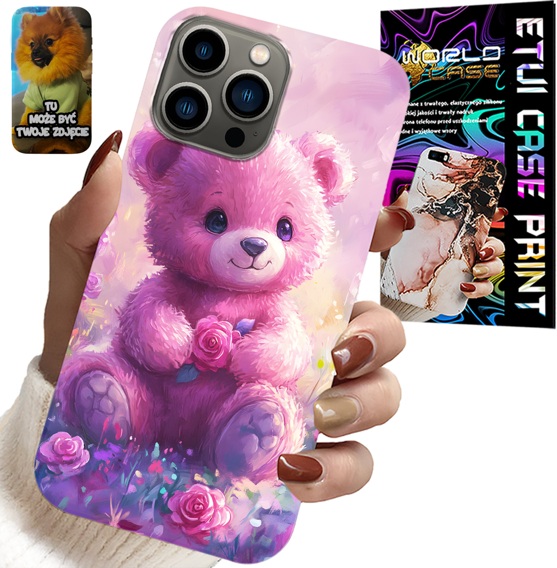 ETUI DO IPHONE 13 PRO - SŁODKI MIŚ NA RÓŻOWYM TLE, CASE + SZKŁO