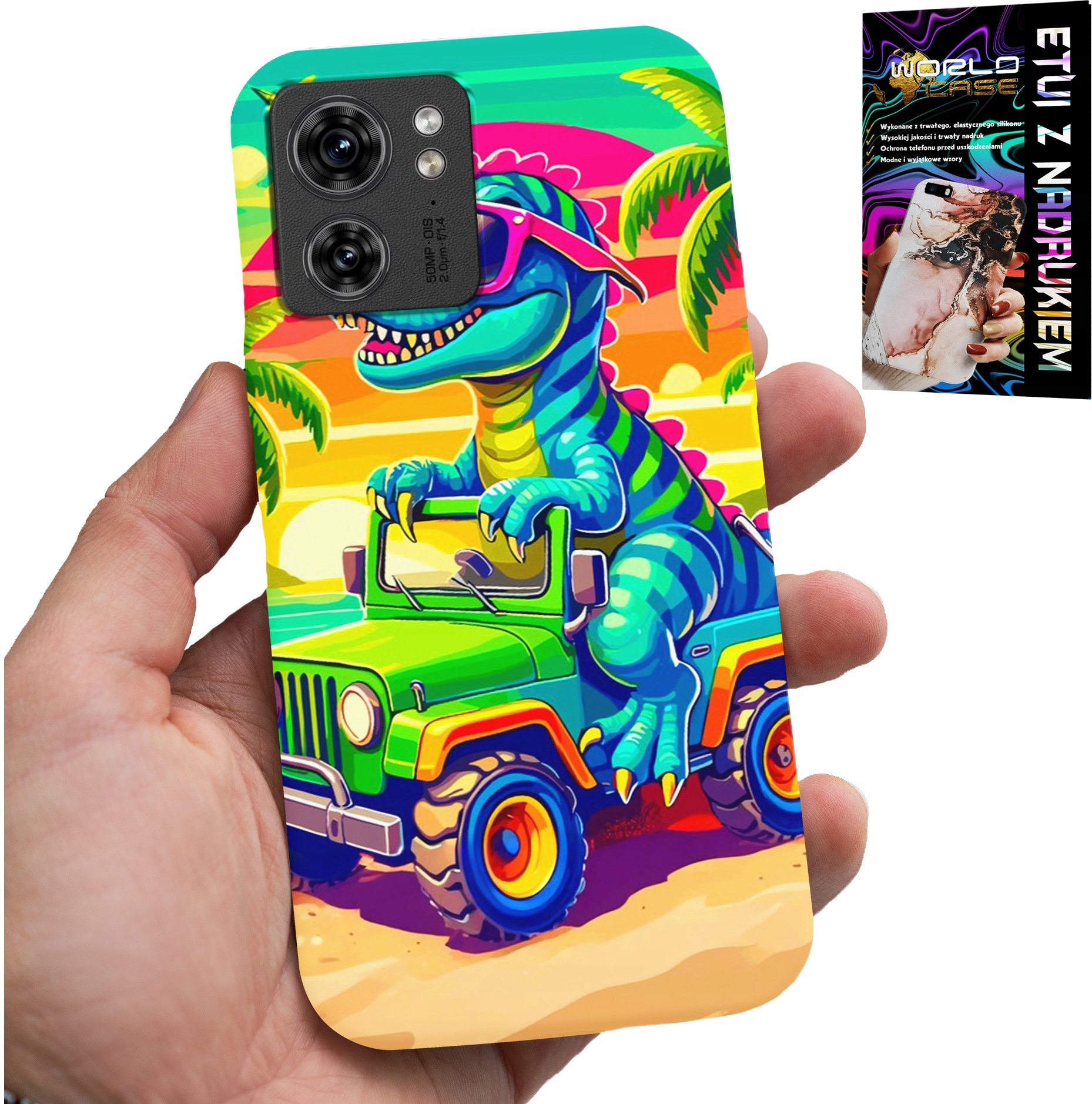 ETUI DO MOTOROLA EDGE 40 - DINOZAUR W CIĘŻARÓWCE WZORY DLA DZIECI