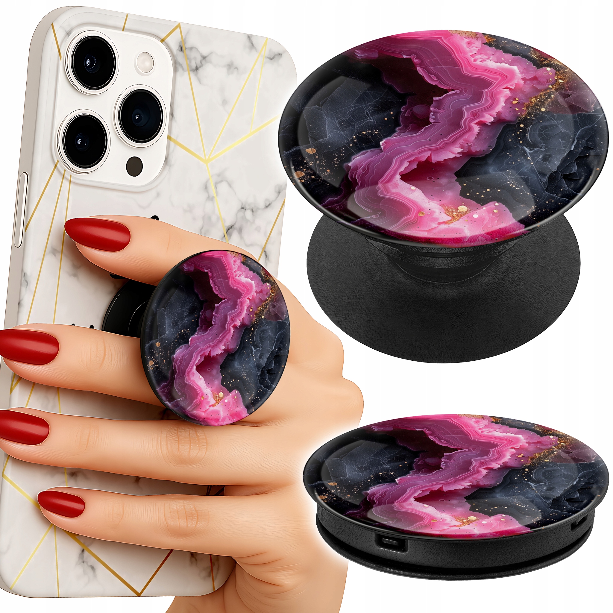 Uchwyt do telefonu Popsocket na palce/stojak RÓŻOWY MARMUREK MODNE WZORY