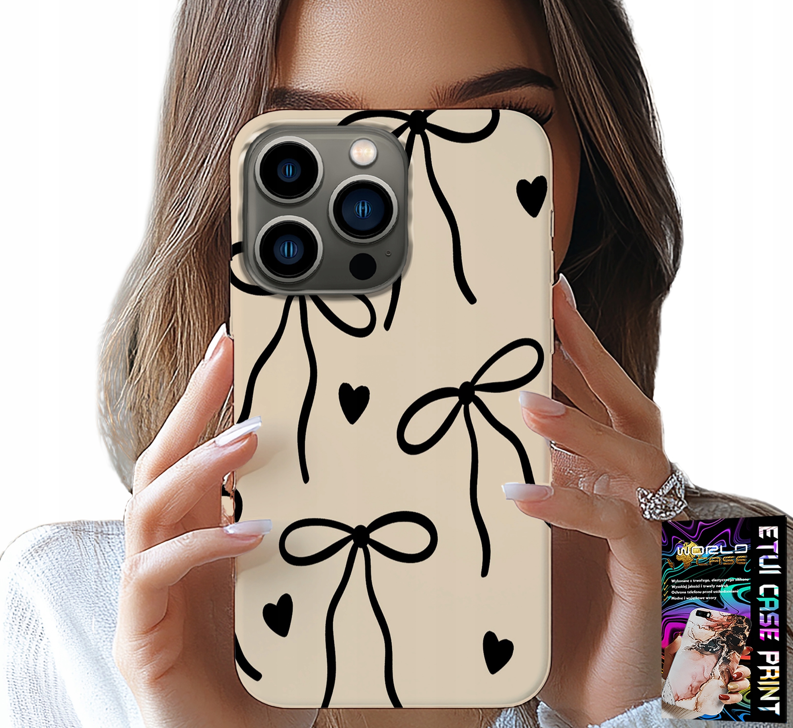 ETUI DO IPHONE 14 PRO - BEŻOWE KOKARDKI WSTĄŻKA MODNE WZORY