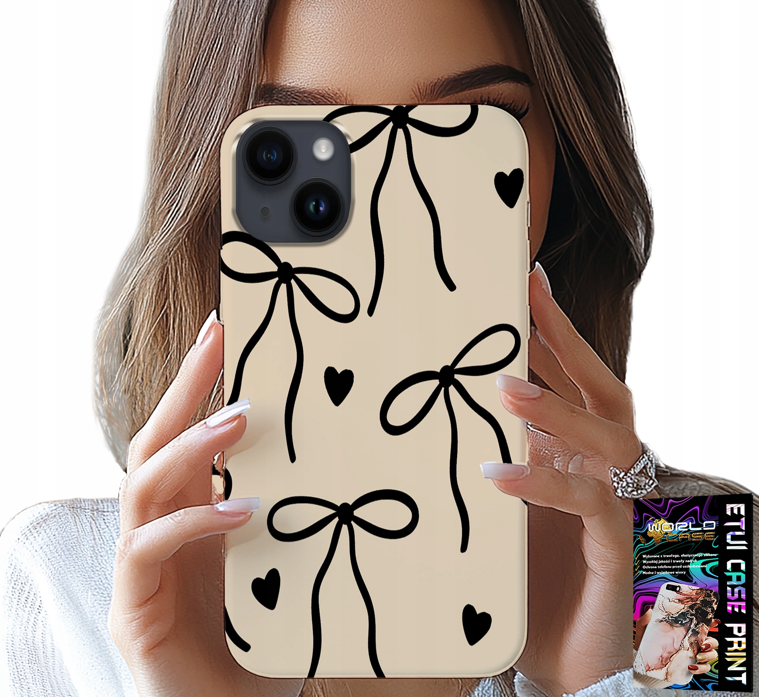 ETUI DO IPHONE 15 - BEŻOWE KOKARDKI WSTĄŻKA MODNE WZORY