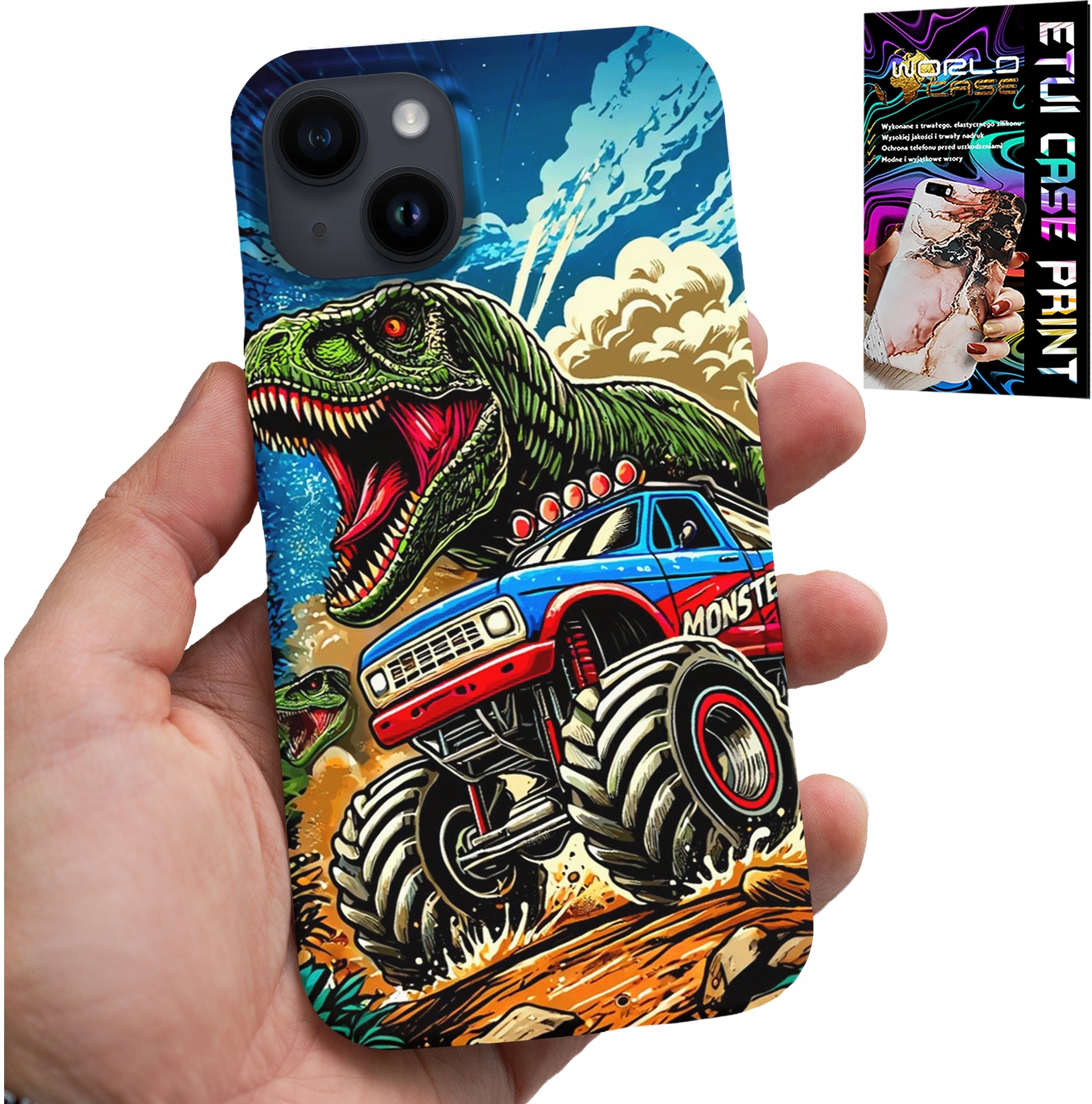ETUI DO IPHONE 15 -DINOZAUR W MONSTERTRUCKU WZORY DLA DZIECI