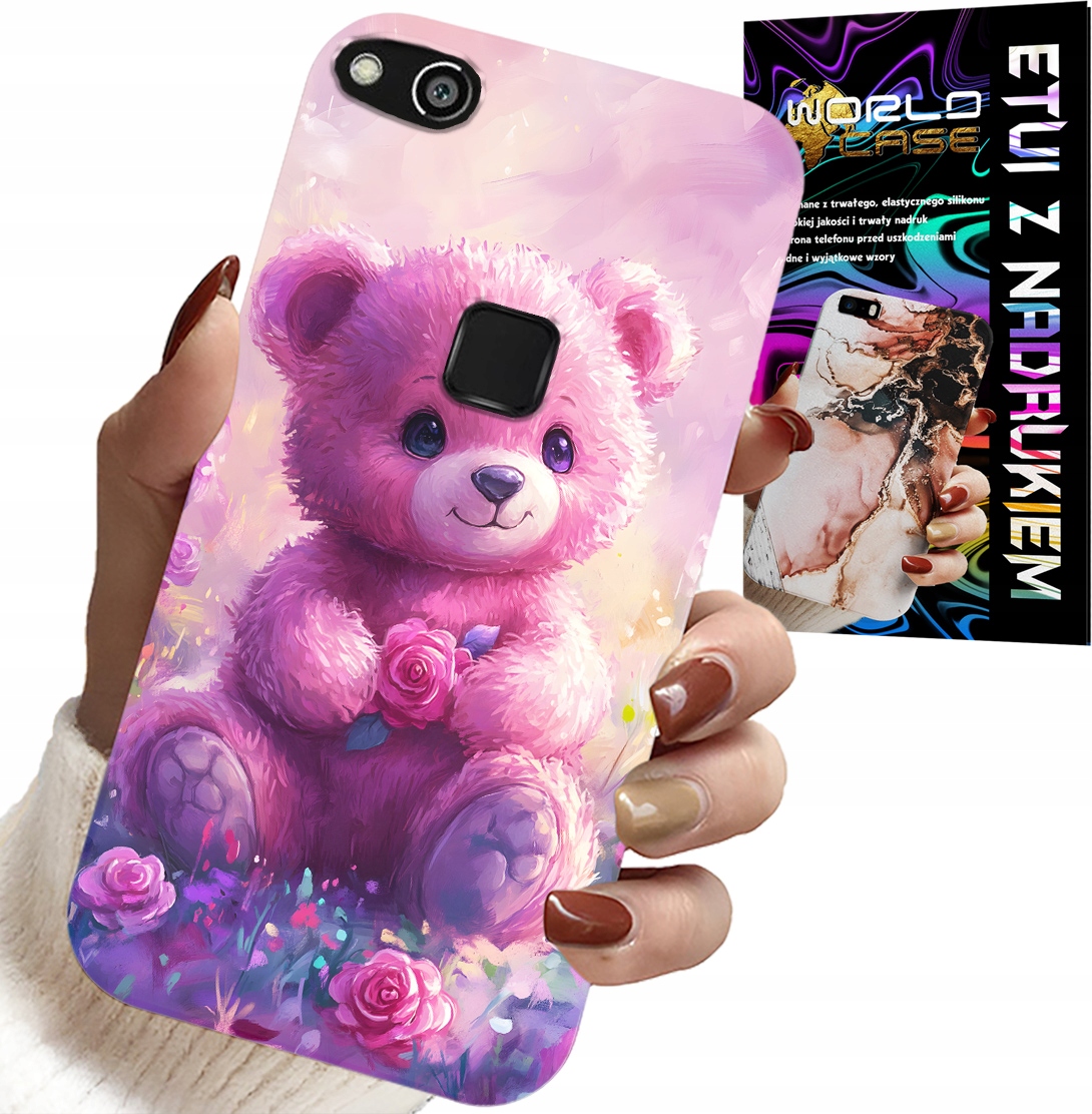 ETUI DO HUAWEI P10 LITE - SŁODKI MIŚ NA RÓŻOWYM TLE, CASE + SZKŁO