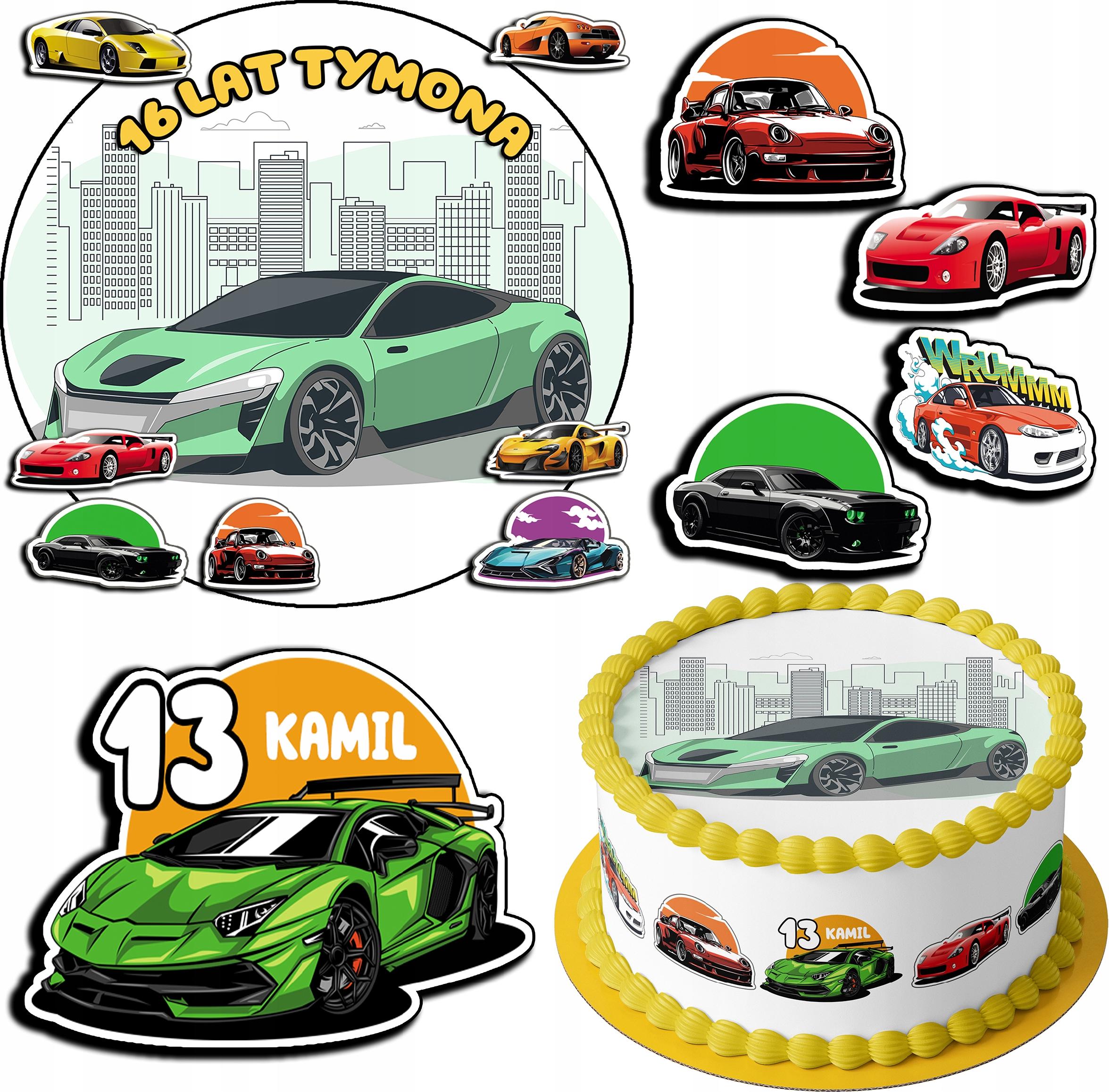 ZESTAW OPŁATEK NA TORT 20CM + 17 POSTACI - SAMOCHODY + IMIĘ 15CM 18CM