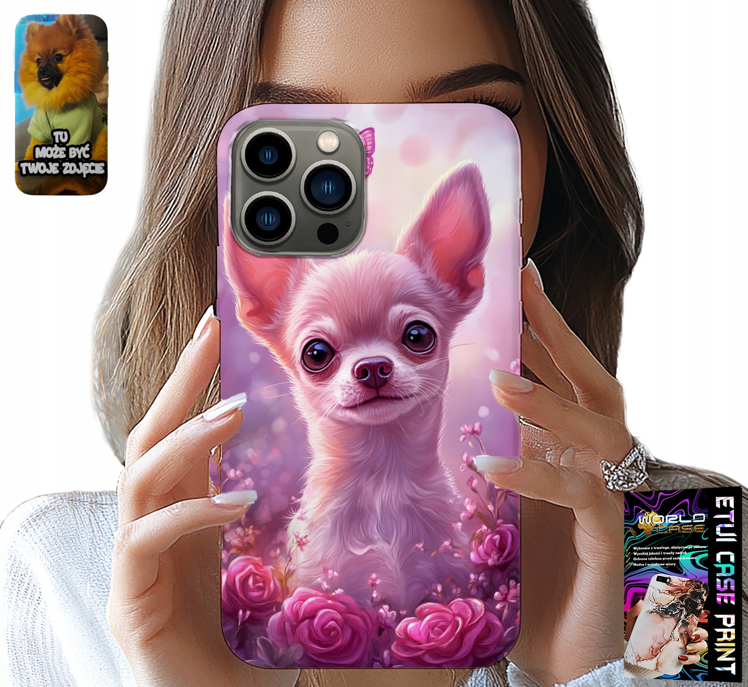 ETUI DO IPHONE 13 PRO - SŁODKA CHIHUAHUA NA RÓŻOWYM TLE KWIATAMI