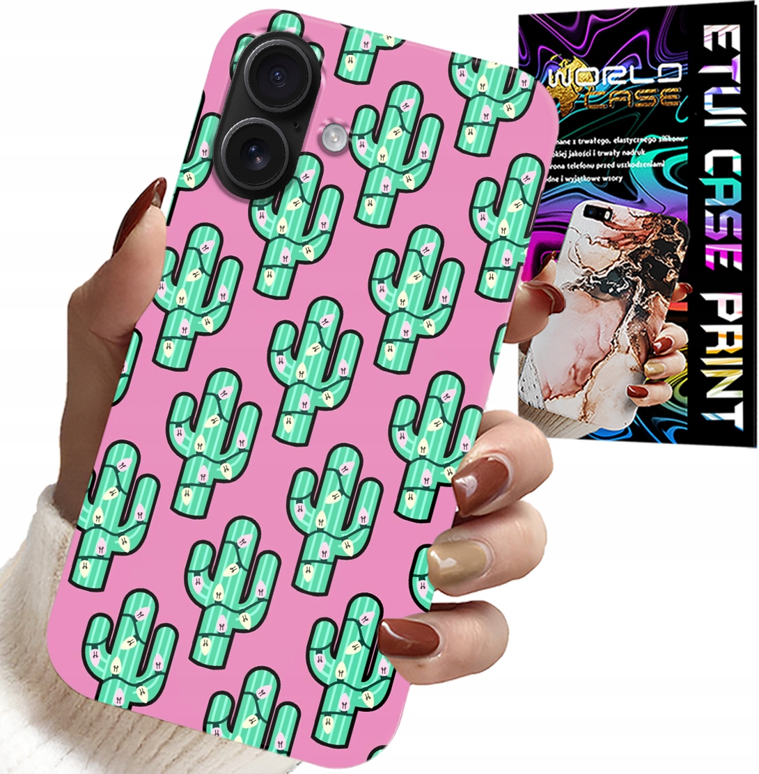 ETUI DO IPHONE 16 PLUS - KAKTUSY, KAKTUS NA RÓŻOWYM TLE + FOLIA