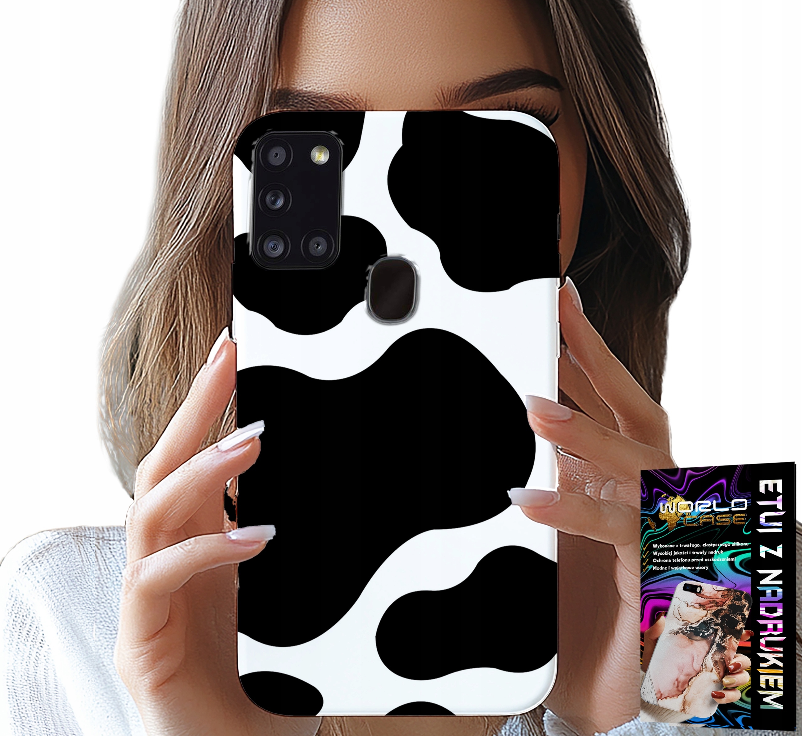 ETUI DO SAMSUNG GALAXY A21s - CZARNO - BIAŁE ŁATY KROWA, MODNE WZORY