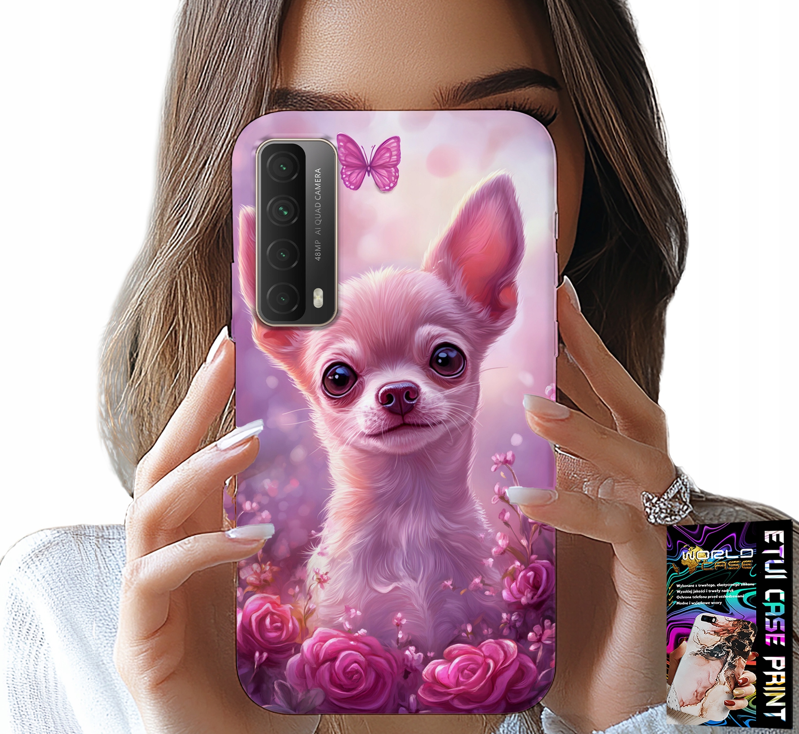 ETUI DO HUAWEI P SMART 2021 - SŁODKA CHIHUAHUA NA RÓŻOWYM TLE KWIATAMI