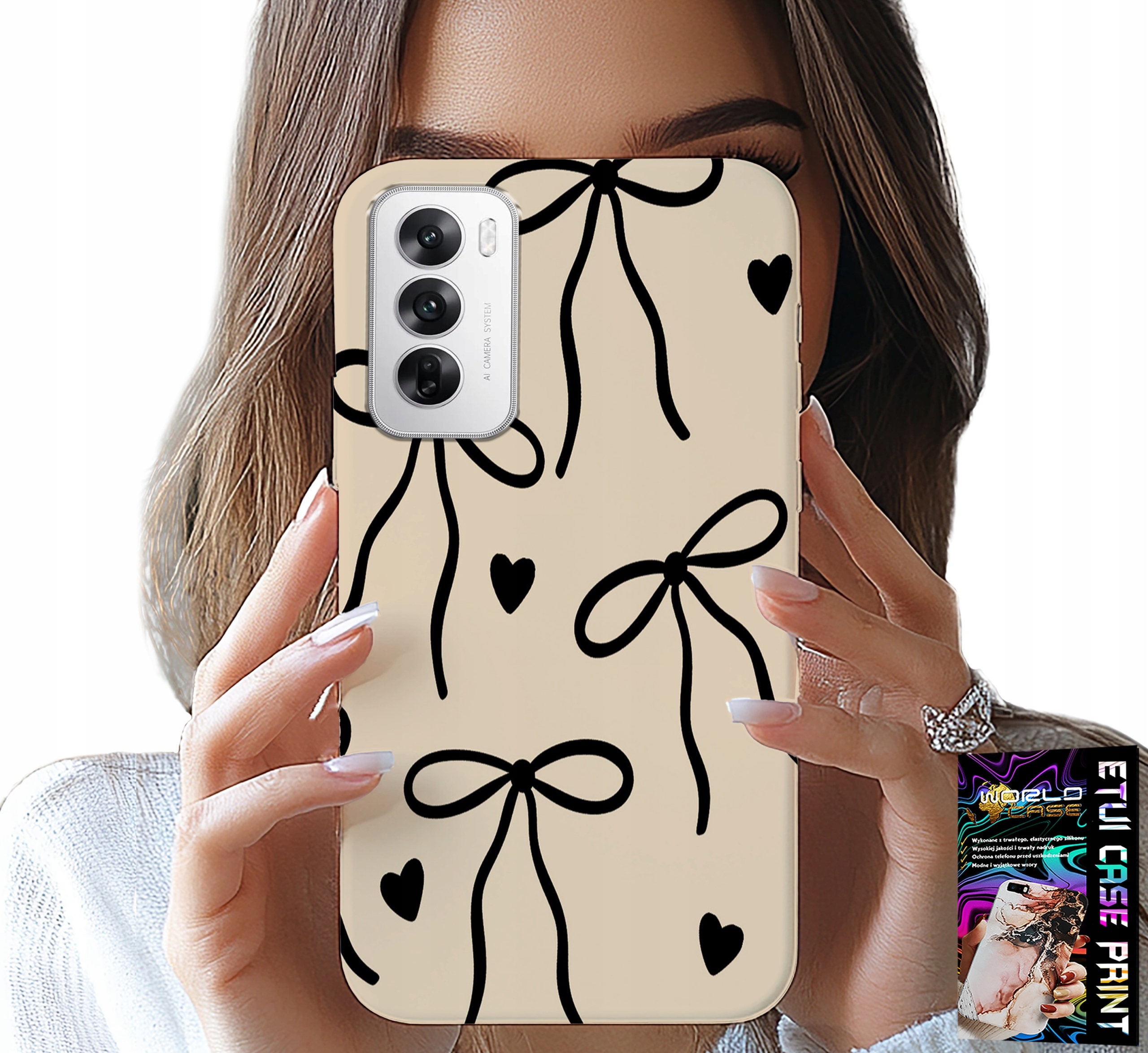 ETUI DO OPPO RENO12 5G - BEŻOWE KOKARDKI WSTĄŻKA MODNE WZORY