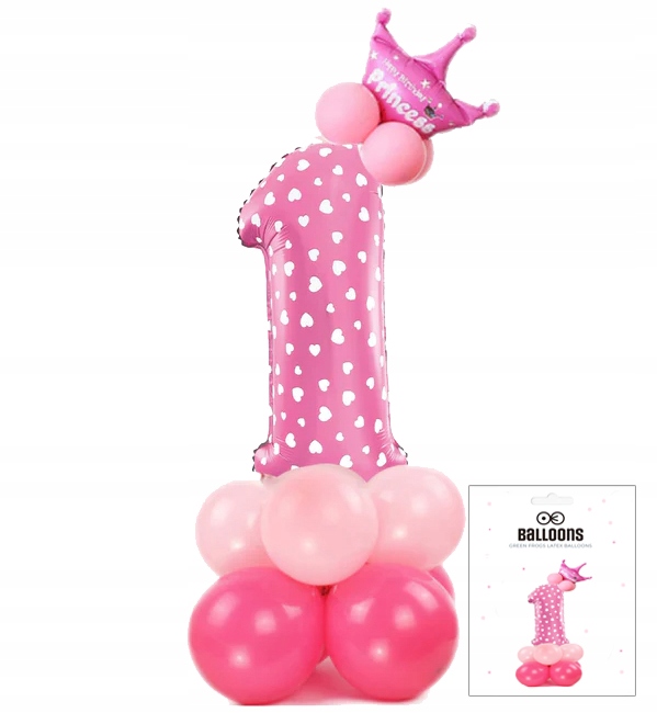 ZESTAW BALONÓW STOJĄCY RÓŻOWY Z CYFRĄ 1 NA PRZYJĘCIE URODZINOWE DEKORACJA