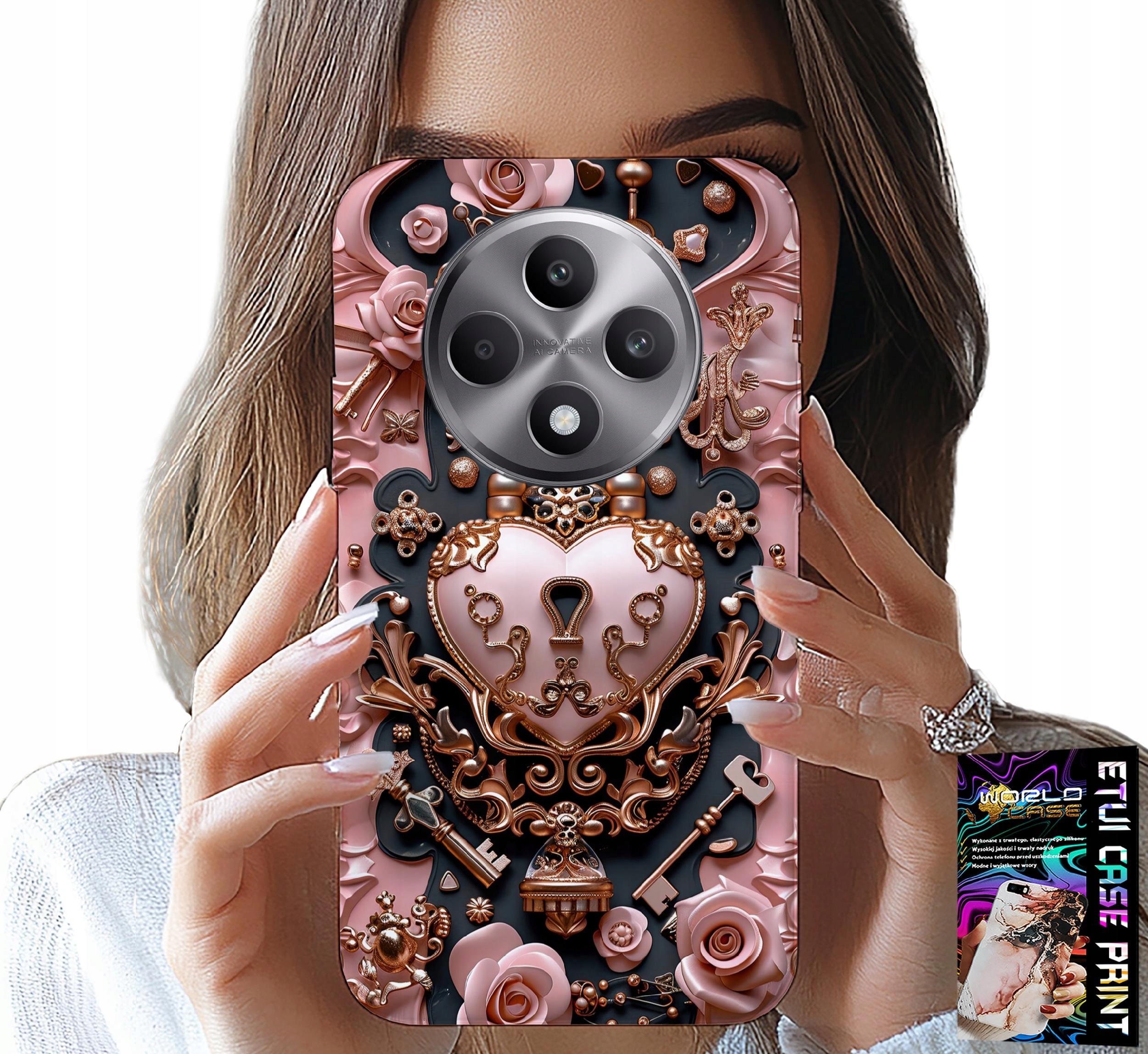 ETUI DO OPPO RENO12 F / 12FS 5G - KOBIECE, MODNE WZORY, KŁÓDKA SERCE RÓŻA