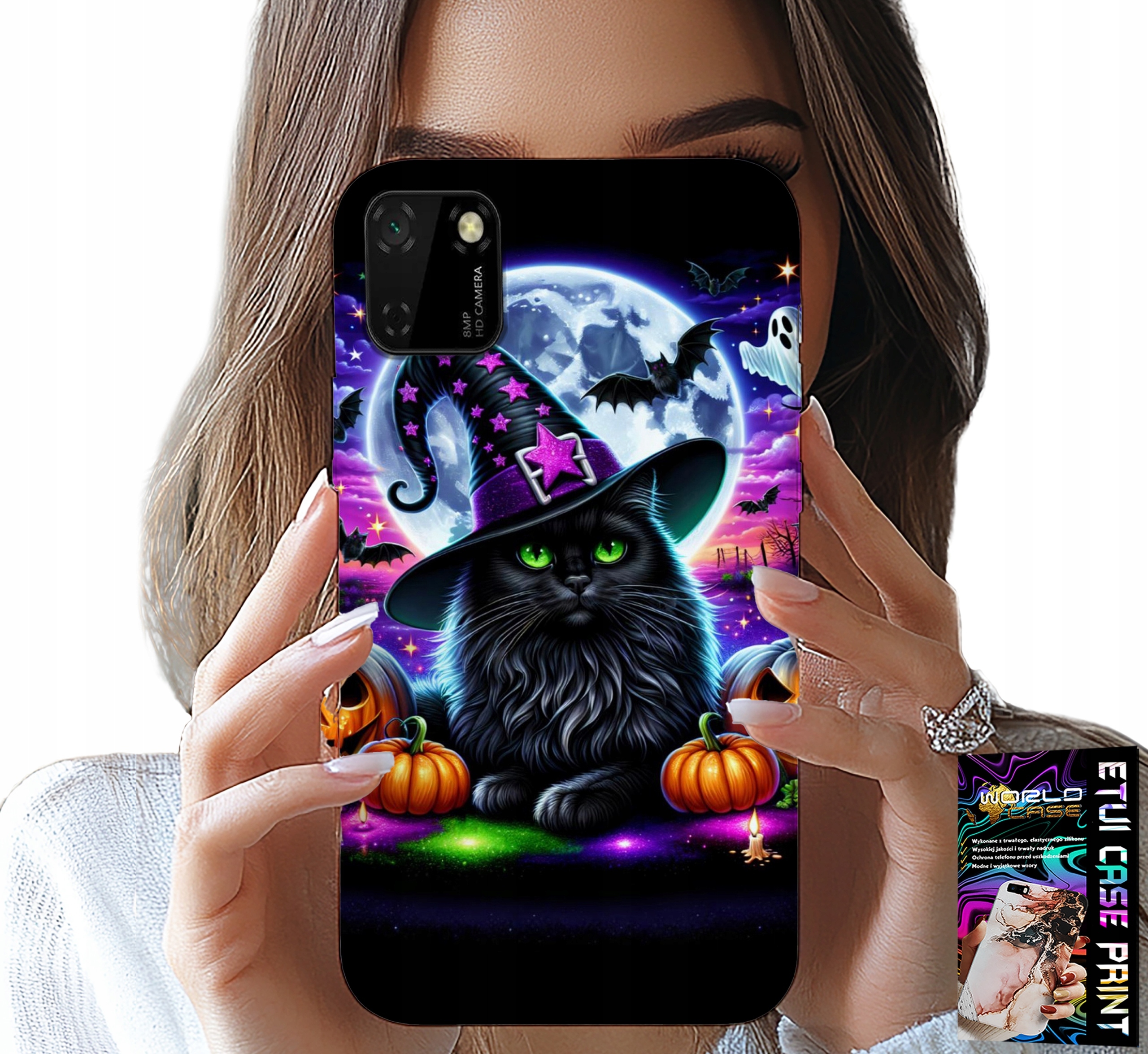 ETUI DO HUAWEI Y5P - CZARNY KOTEK HALLOWEEN SALEM DYNIA WZORY
