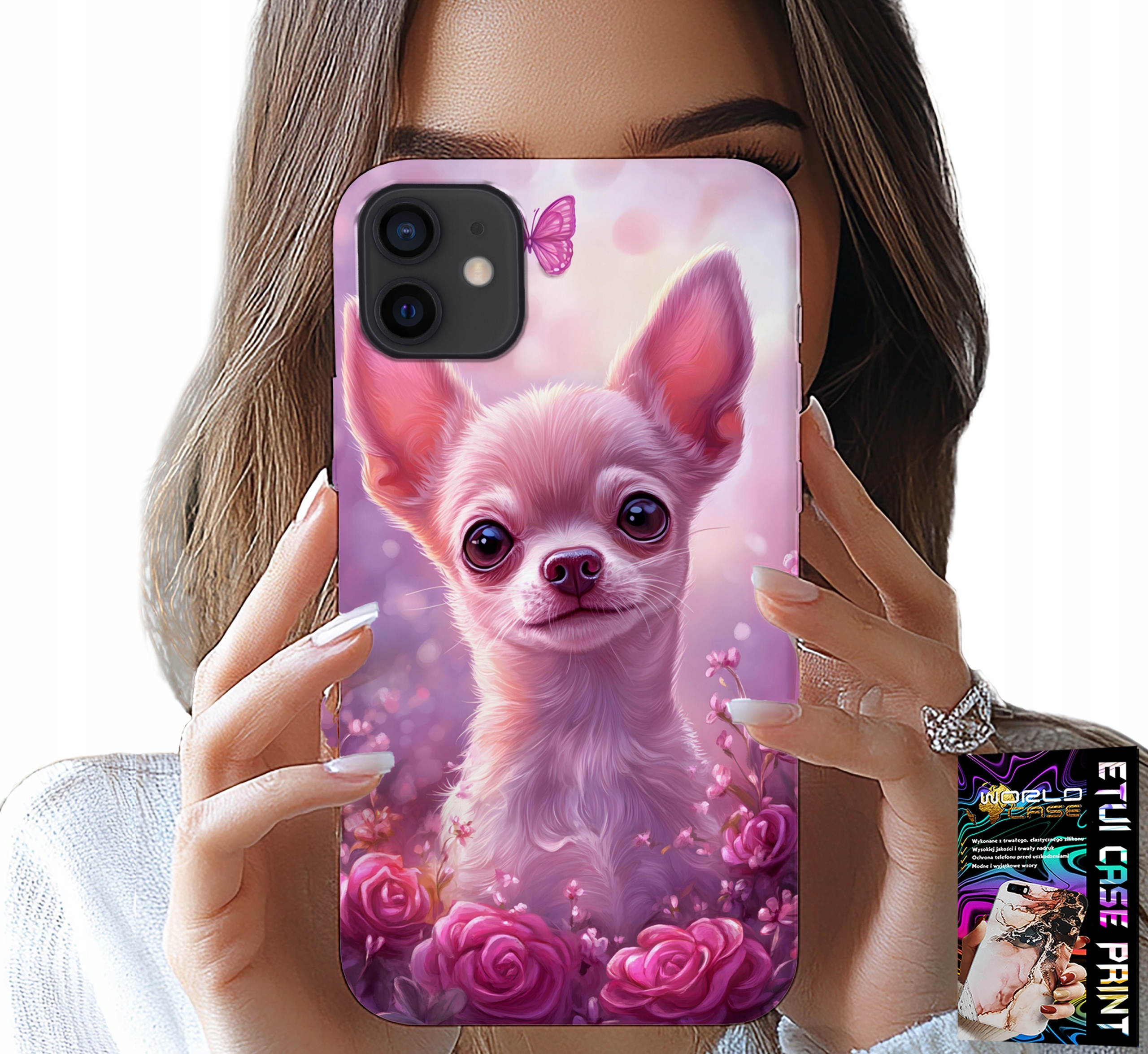ETUI DO IPHONE 13 MINI - SŁODKA CHIHUAHUA NA RÓŻOWYM TLE KWIATAMI
