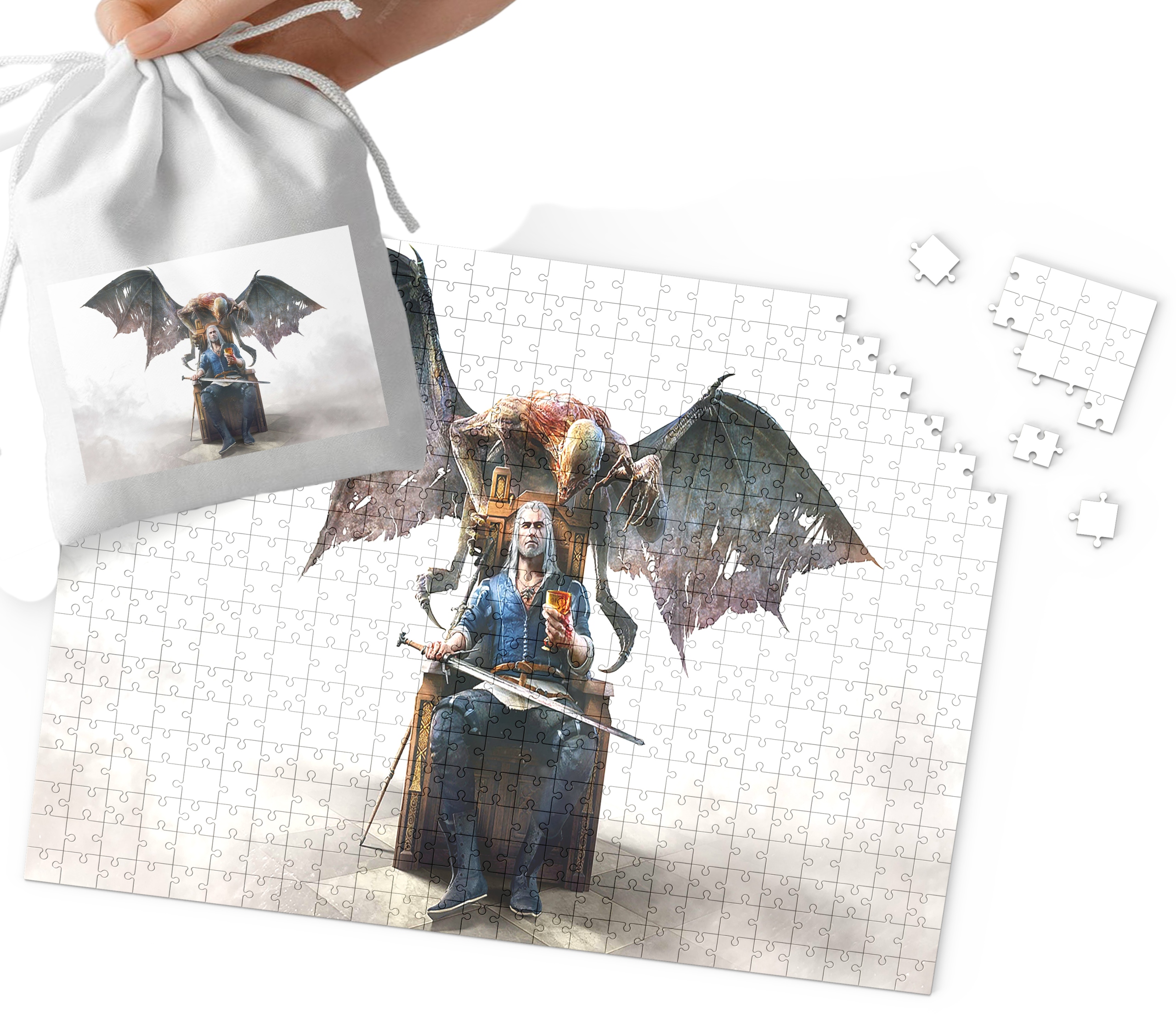 PUZZLE - WIEDZMIN WZORY Z BAJEK I GIER PREZENT DLA DZIECI 96EL + WORECZEK