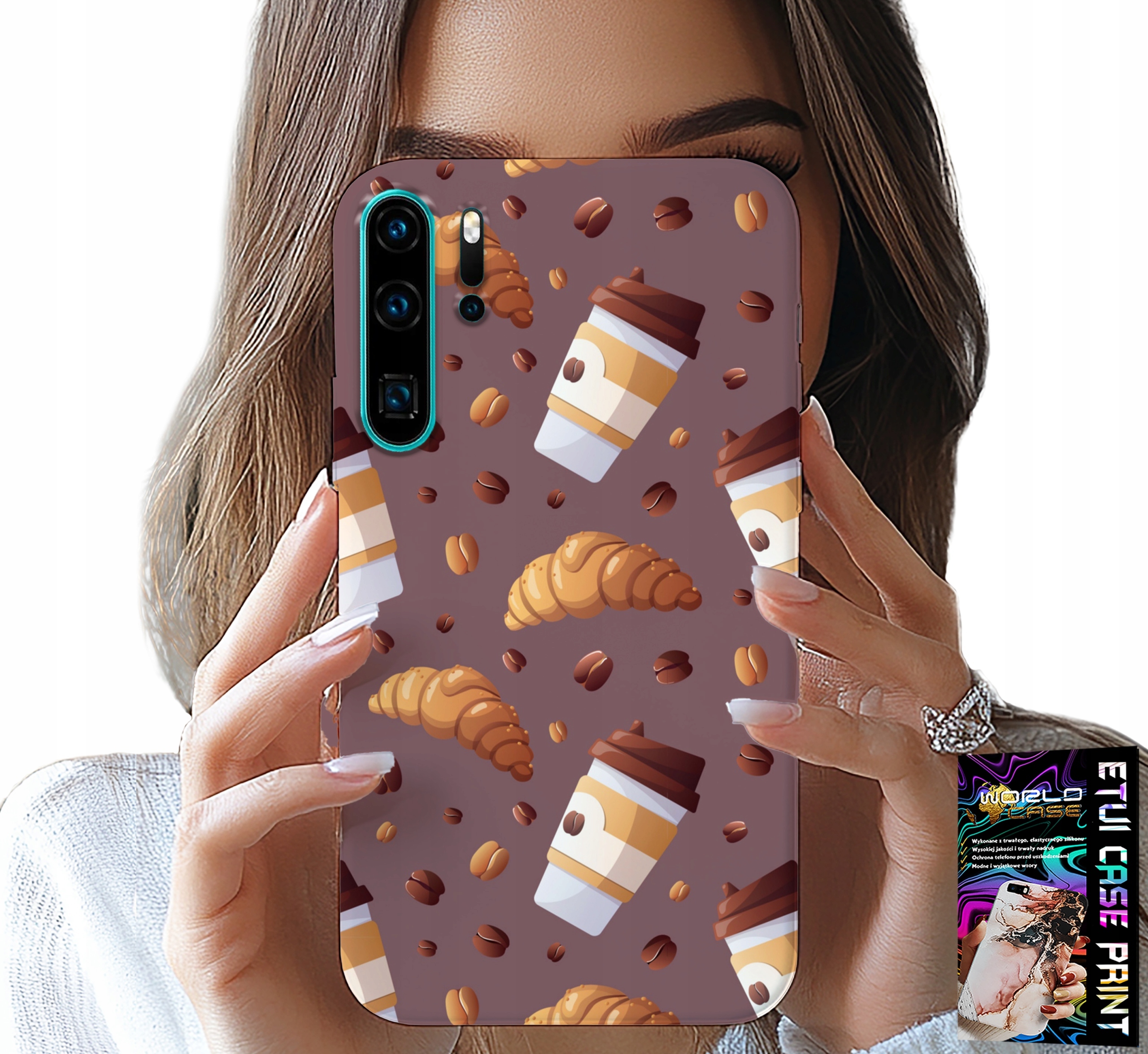 ETUI DO HUAWEI P30 PRO - CASE Z KAWĄ ROGALIKAMI I ZIARNAMI W TLE