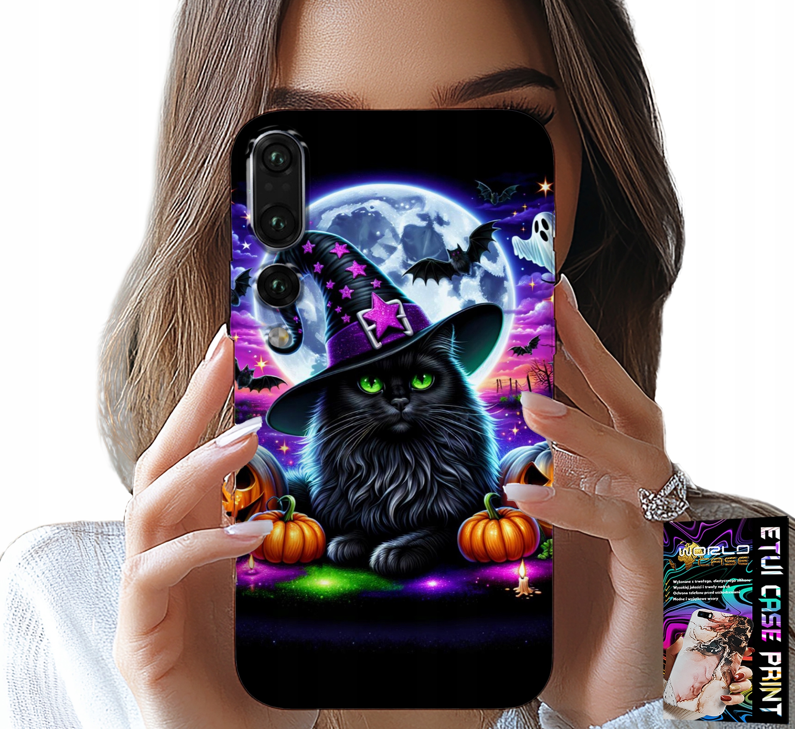 ETUI DO HUAWEI P20 PLUS - CZARNY KOTEK HALLOWEEN SALEM DYNIA WZORY