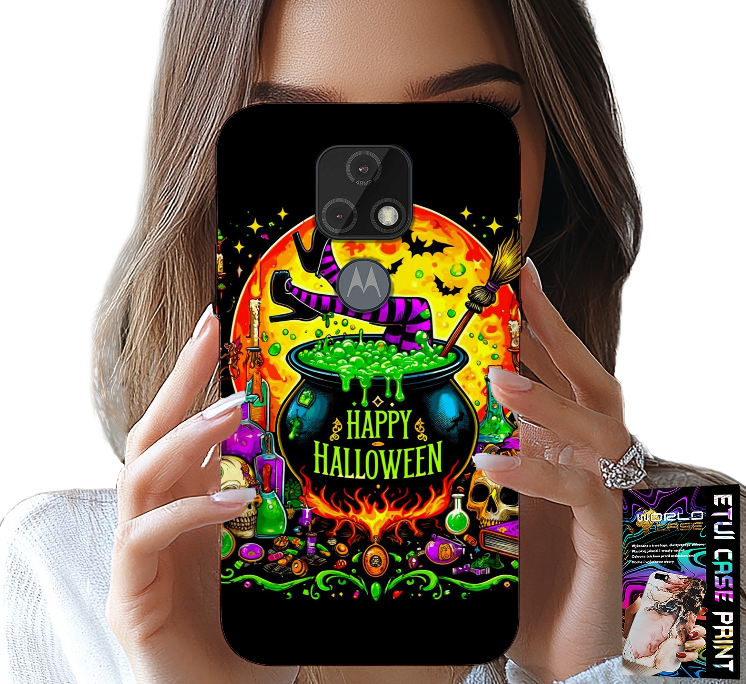 ETUI DO MOTOROLA MOTO E7 PLUS - WIEDŹMA KOCIOŁEK RÓŻDŻKA HALLOWEEN SZKŁO