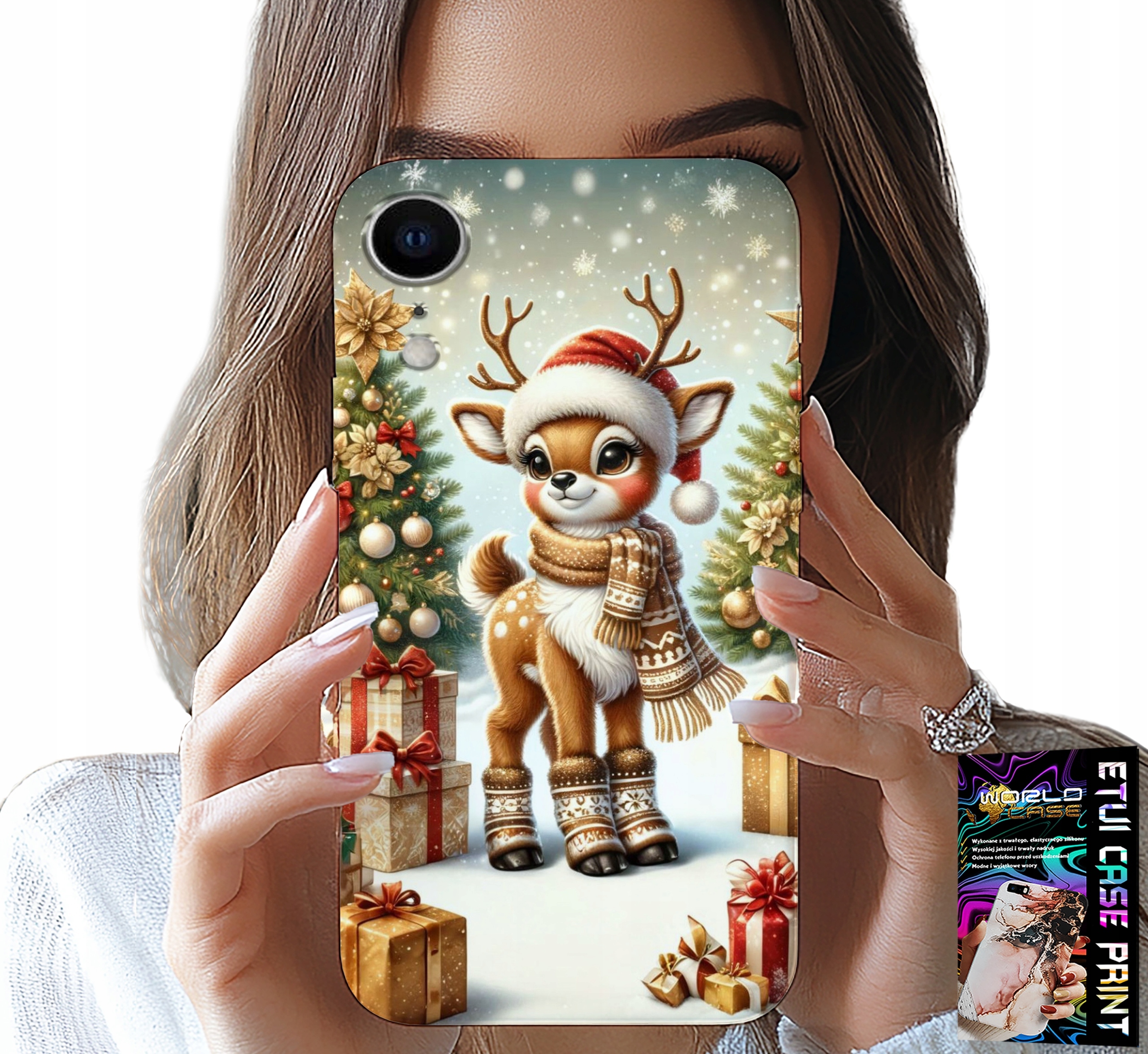 ETUI DO IPHONE XR - RENIFER, WZORY BOŻONARODZENIOWE + SZKŁO