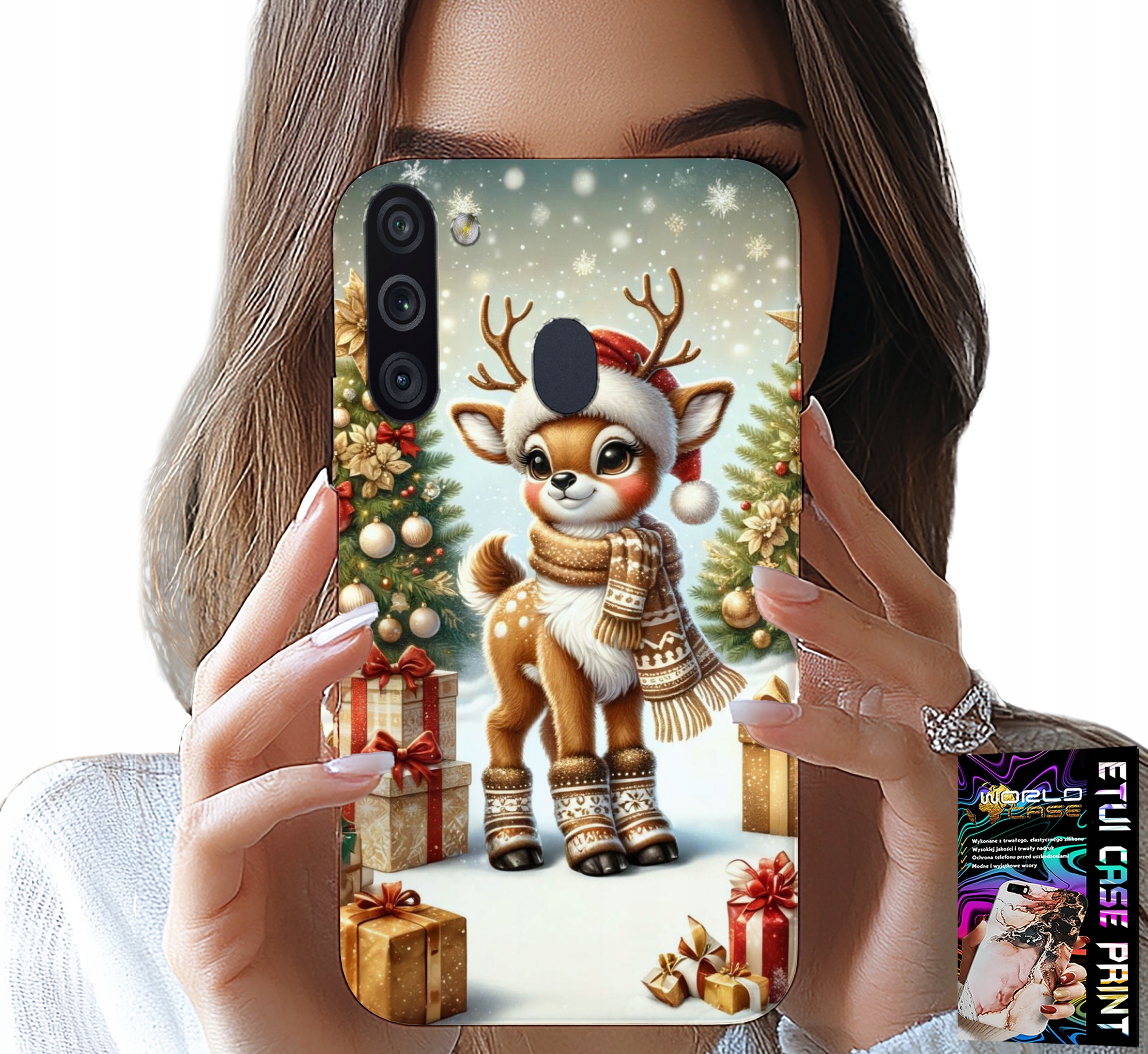 ETUI DO SAMSUNG GALAXY A21 - RENIFER, WZORY BOŻONARODZENIOWE + SZKŁO