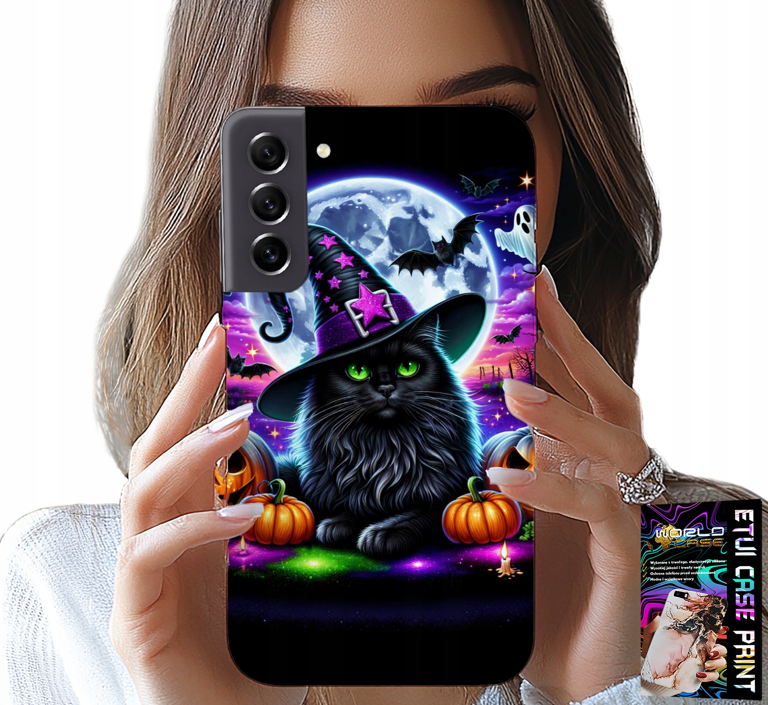 ETUI DO SAMSUNG GALAXY S22 PLUS - CZARNY KOTEK HALLOWEEN SALEM DYNIA WZORY