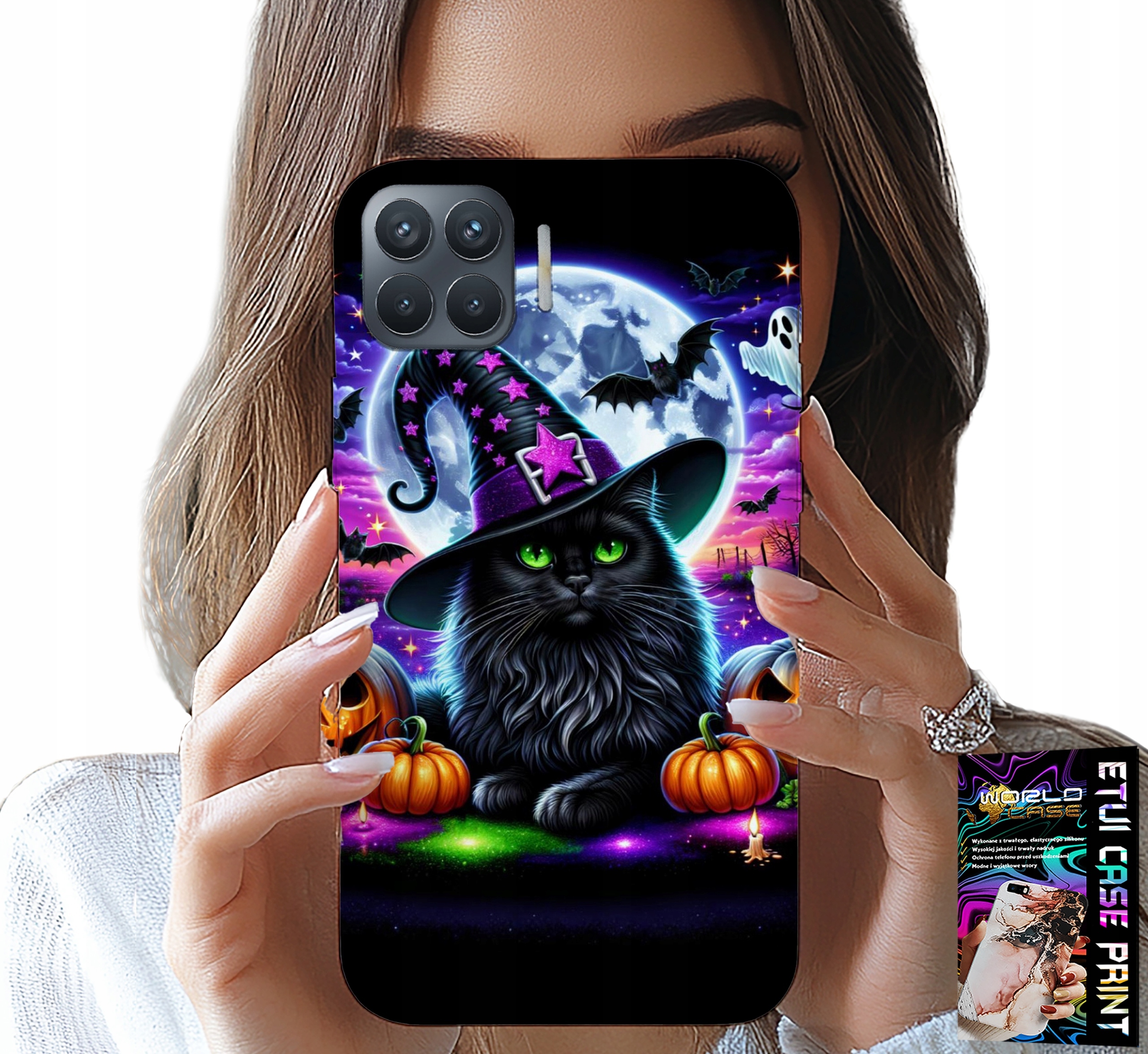 ETUI DO OPPO RENO 4 LITE - CZARNY KOTEK HALLOWEEN SALEM DYNIA WZORY