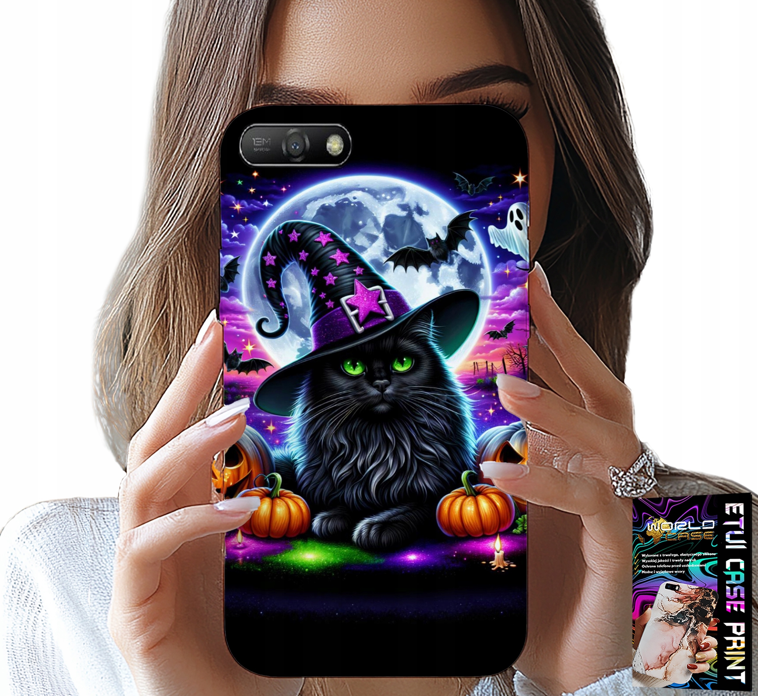 ETUI DO HUAWEI Y6 2018 - CZARNY KOTEK HALLOWEEN SALEM DYNIA WZORY