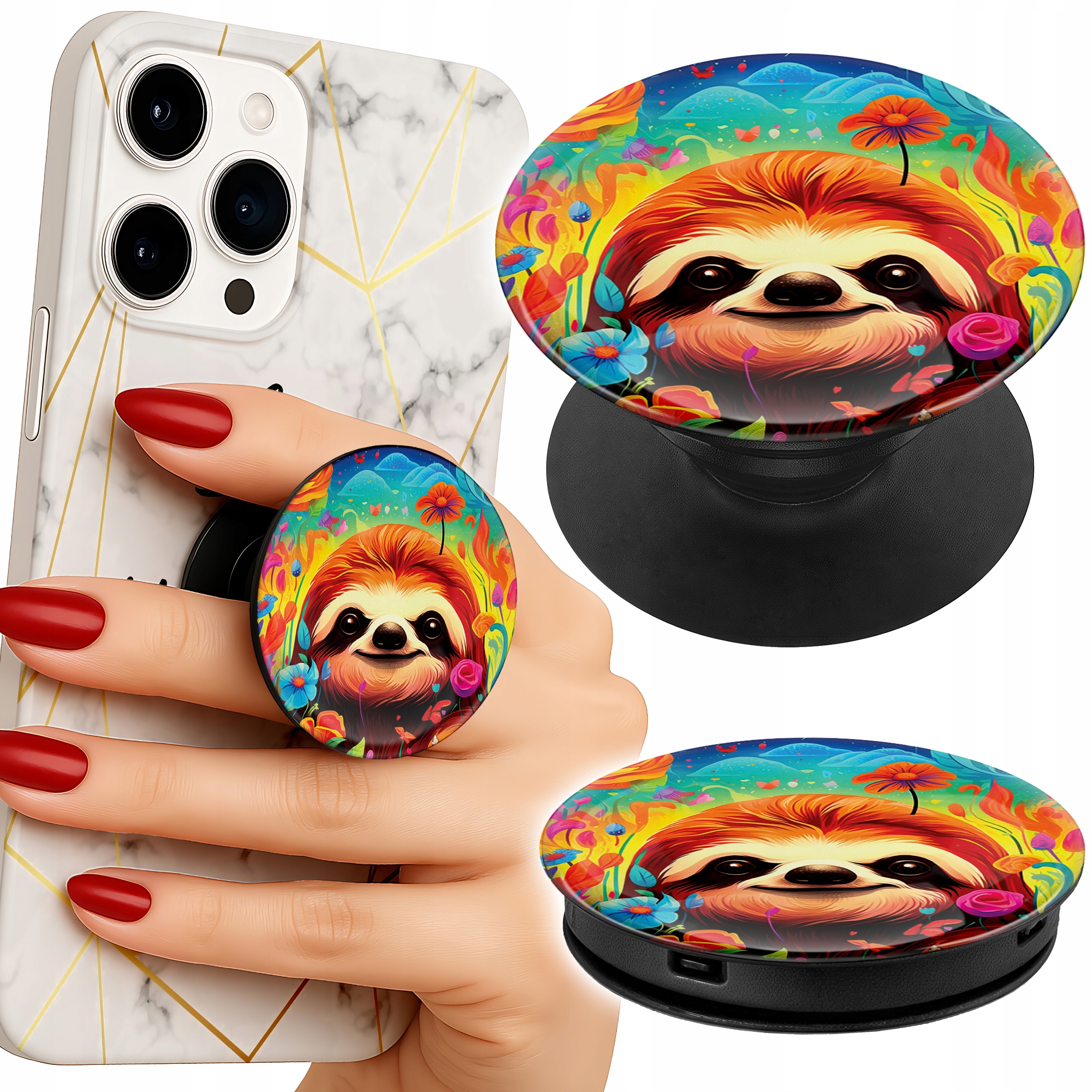 Uchwyt do telefonu Popsocket na palce/stojak KOLOROWE LENIWIEC ZWIERZĘTA