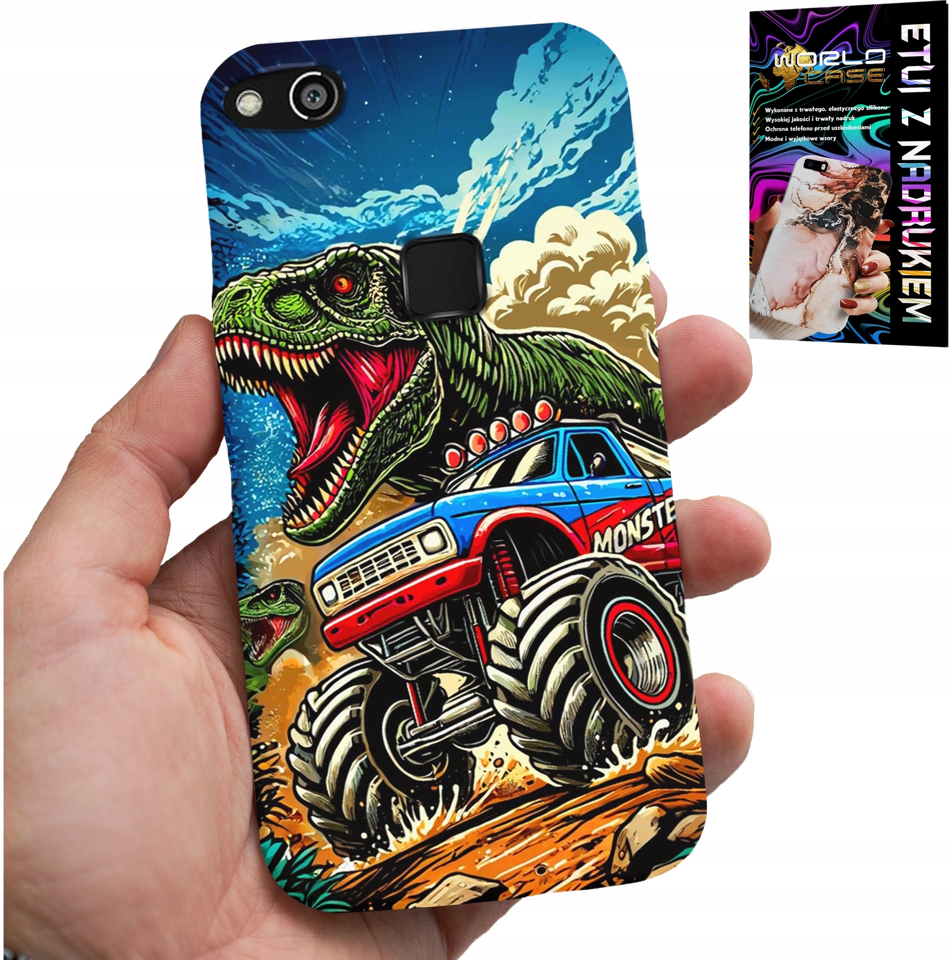 ETUI DO HUAWEI P10 LITE -DINOZAUR W MONSTERTRUCKU WZORY DLA DZIECI