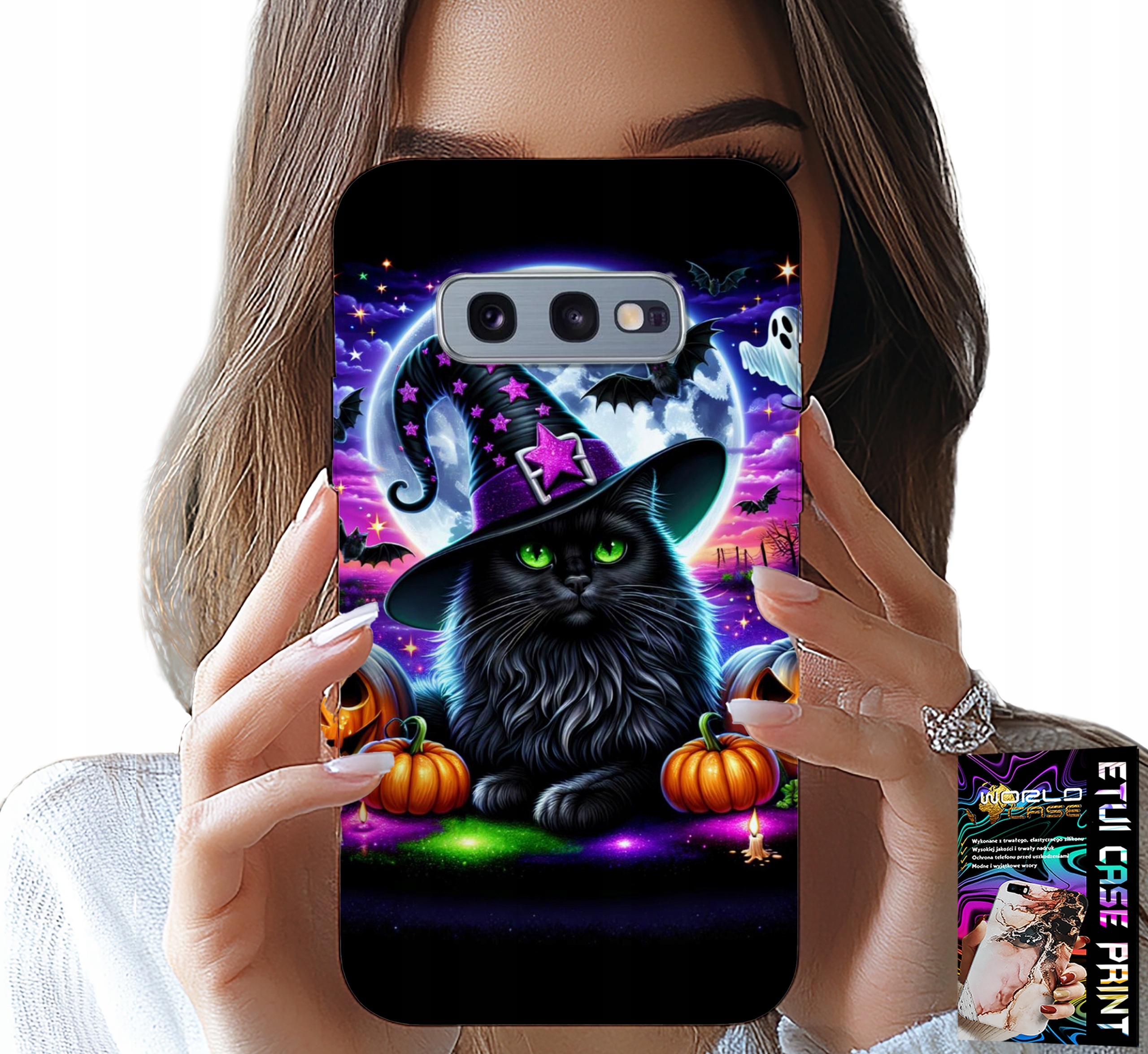 ETUI DO SAMSUNG GALAXY S10E - CZARNY KOTEK HALLOWEEN SALEM DYNIA WZORY