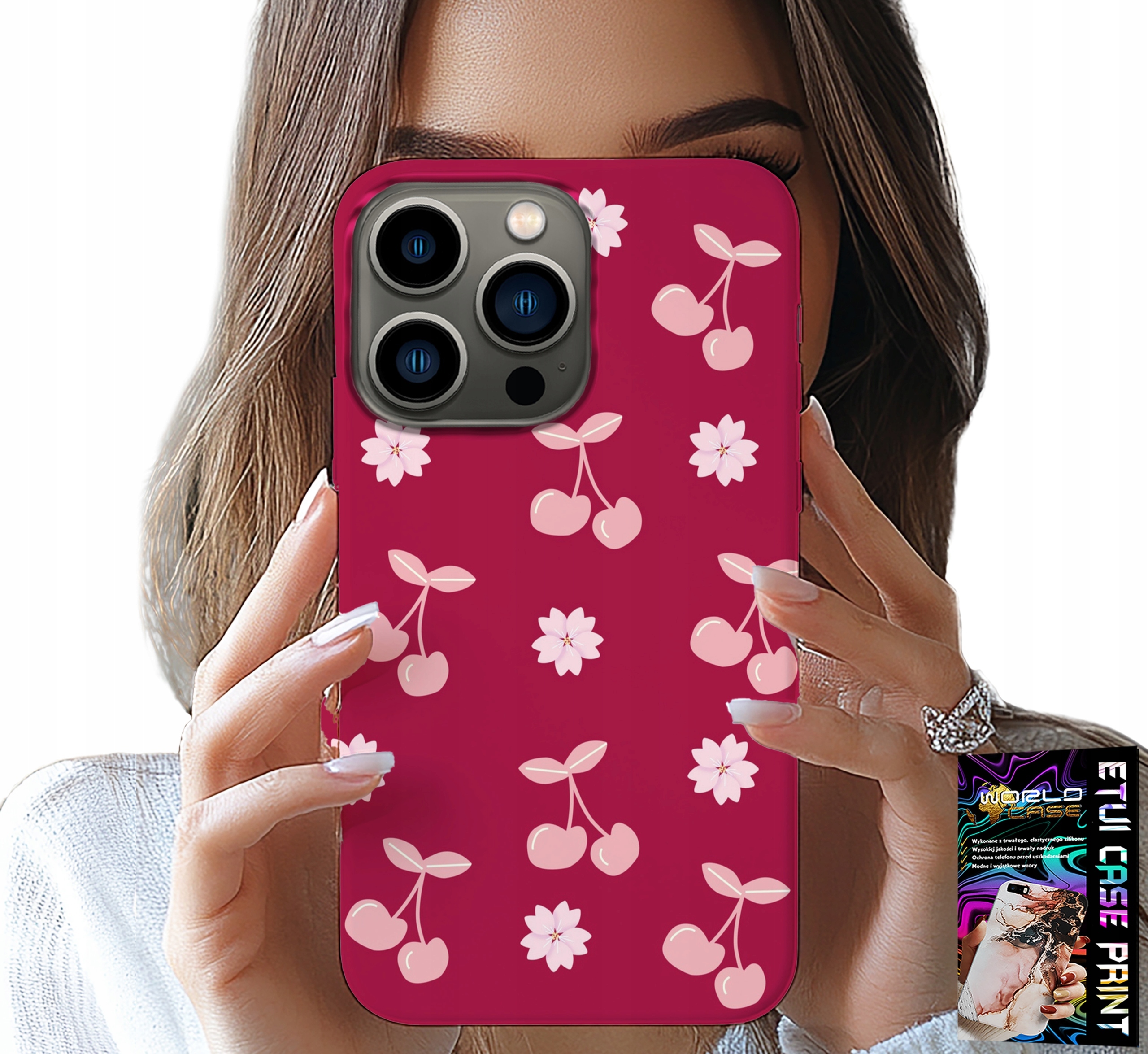 ETUI DO IPHONE 15 PRO MAX - WISIENKI, WIŚNIE NA BORDOWYM TLE + FOLIA