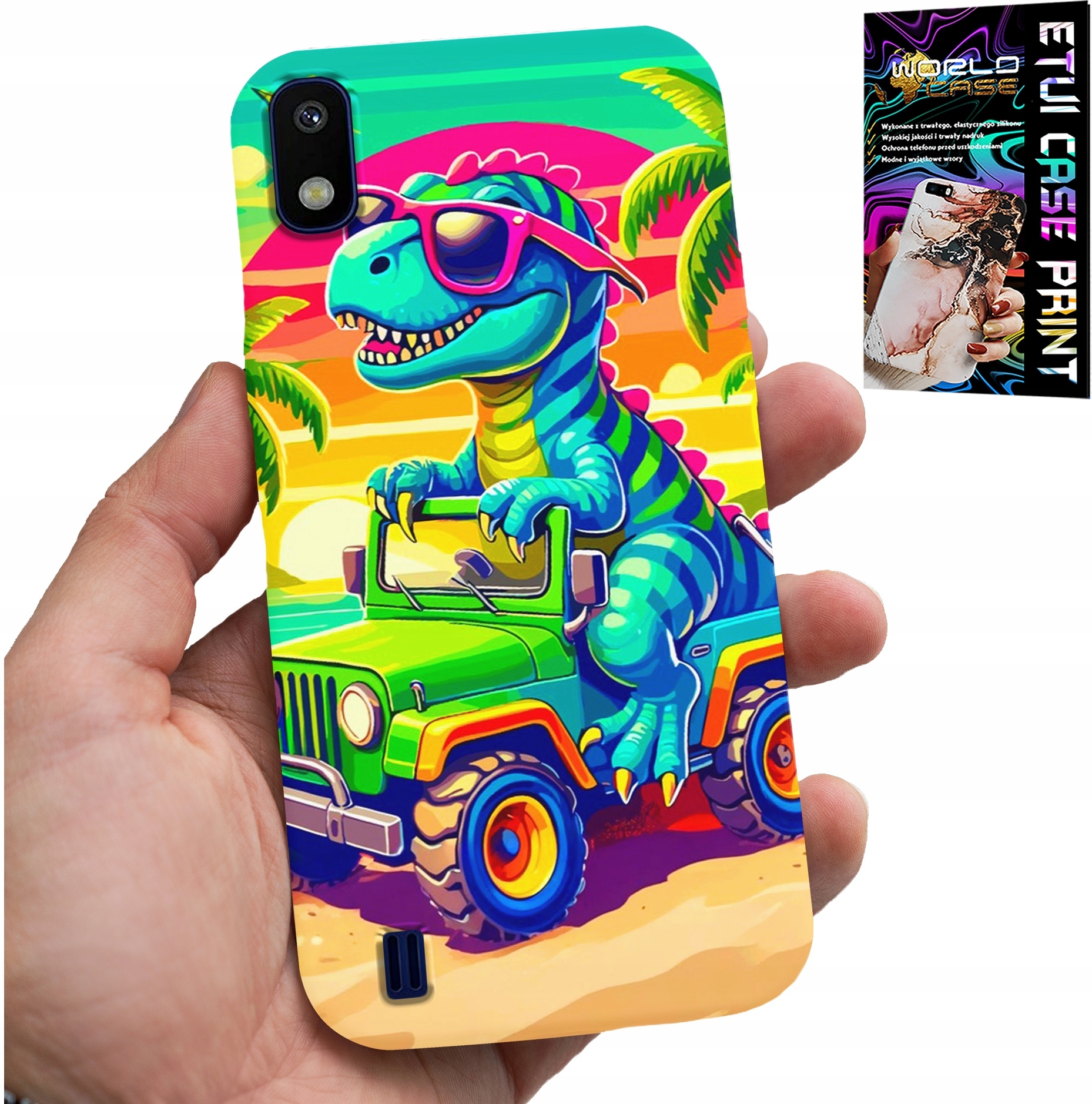 ETUI DO SAMSUNG A10 - DINOZAUR W CIĘŻARÓWCE WZORY DLA DZIECI