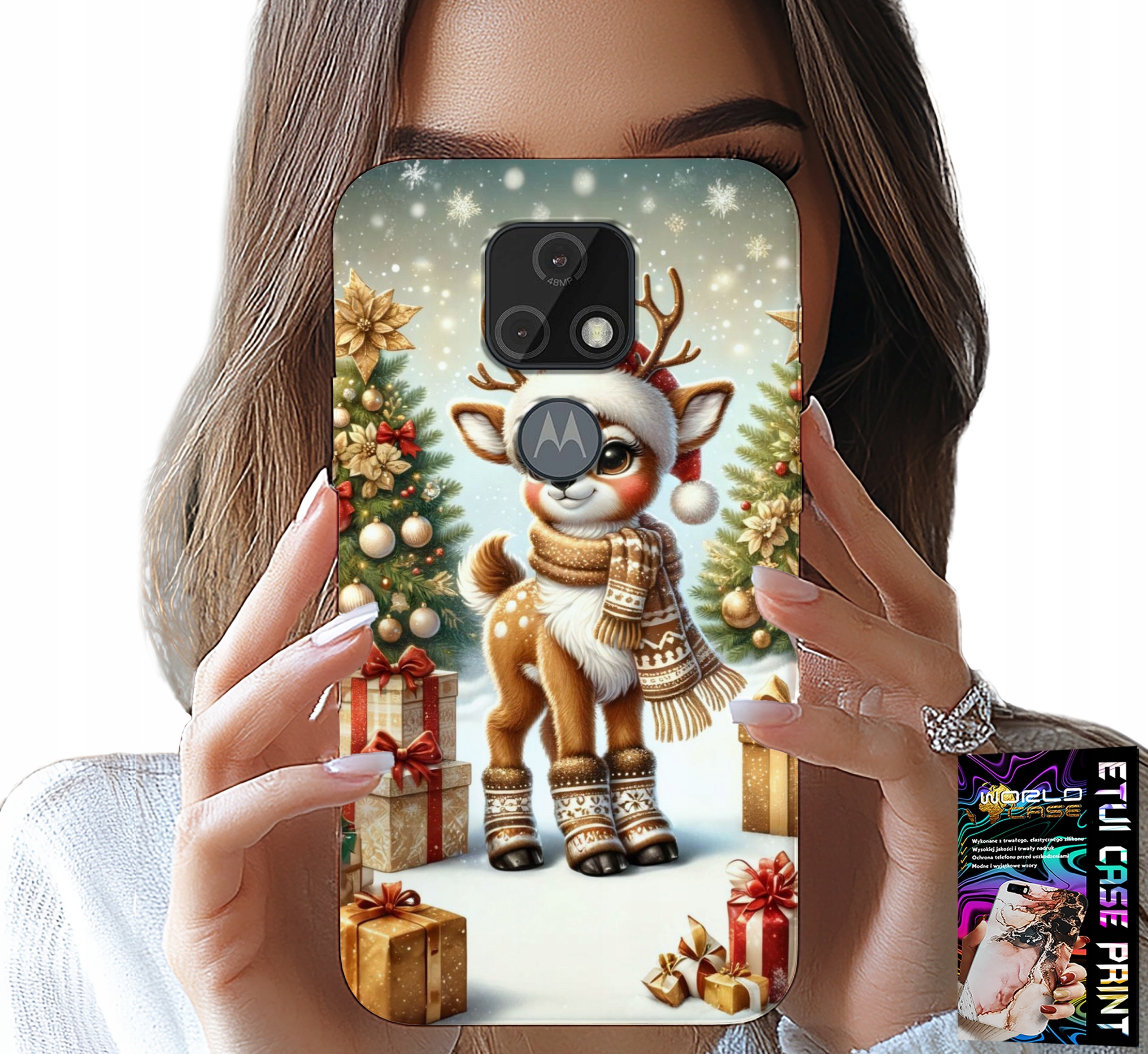 ETUI DO MOTOROLA MOTO E7 PLUS - RENIFER, WZORY BOŻONARODZENIOWE + SZKŁO