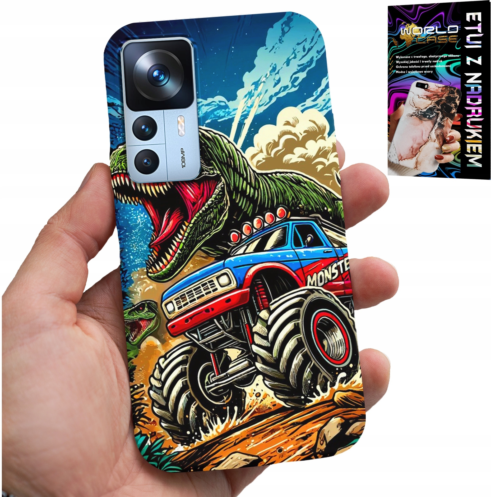 ETUI DO XIAOMI 12T / 12T PRO -DINOZAUR W MONSTERTRUCKU WZORY DLA DZIECI