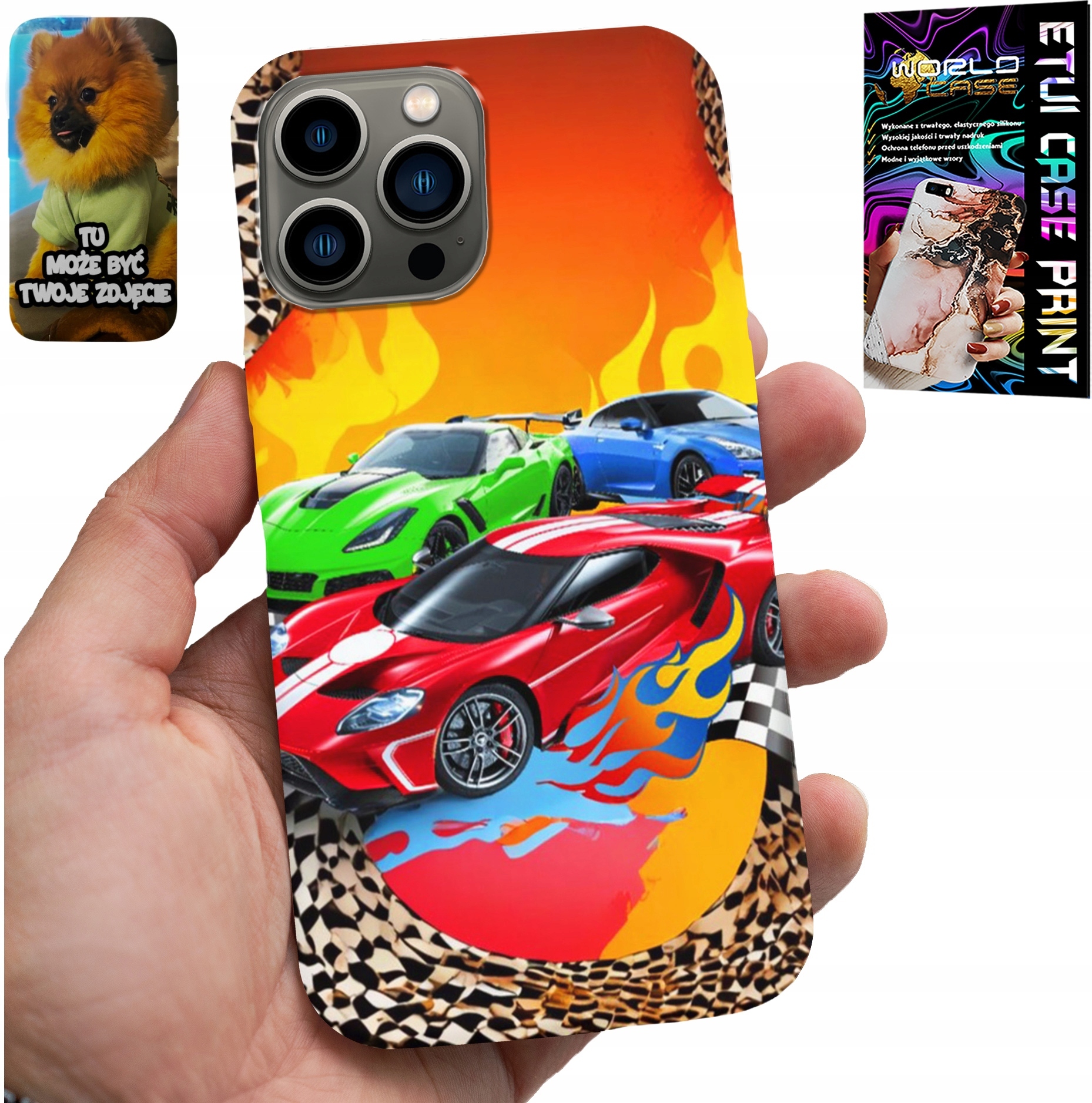 ETUI DO IPHONE 13 PRO - DLA DZIECI, SAMOCHODY WYŚCIGOWE + SZKŁO