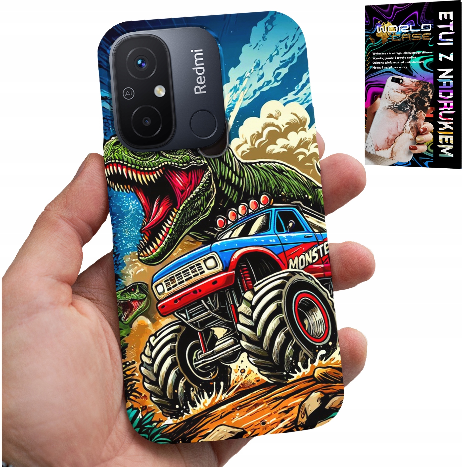 ETUI DO XIAOMI REDMI 12C -DINOZAUR W MONSTERTRUCKU WZORY DLA DZIECI