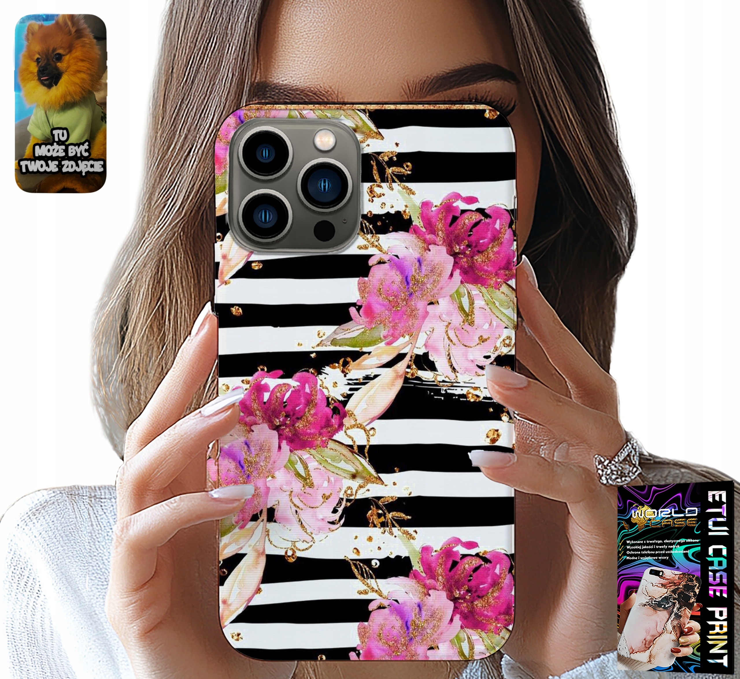 ETUI DO IPHONE 13 PRO - KWIATKI W CZARNO - BIAŁE PASKI WZORY