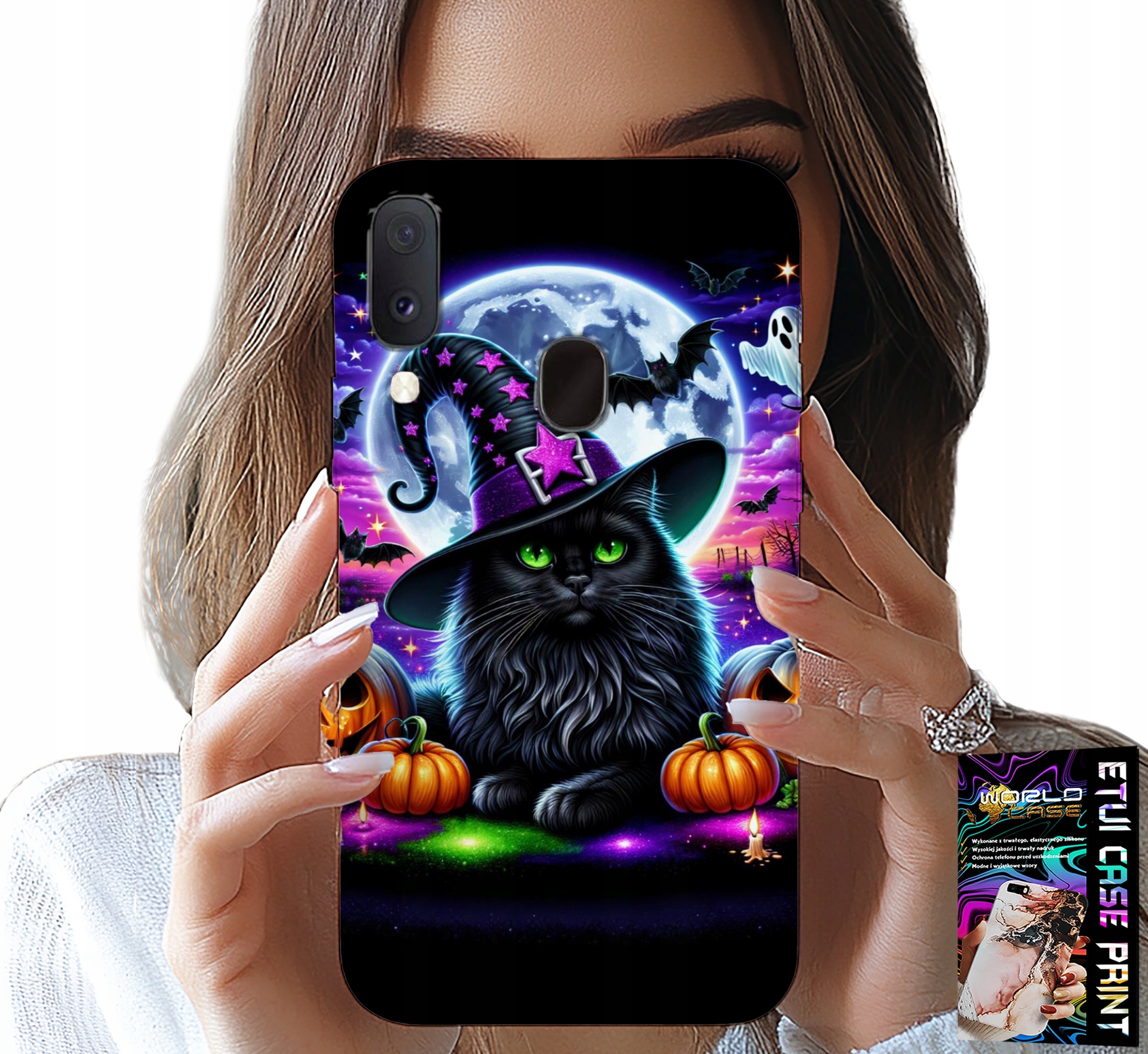 ETUI DO SAMSUNG GALAXY A20E - CZARNY KOTEK HALLOWEEN SALEM DYNIA WZORY