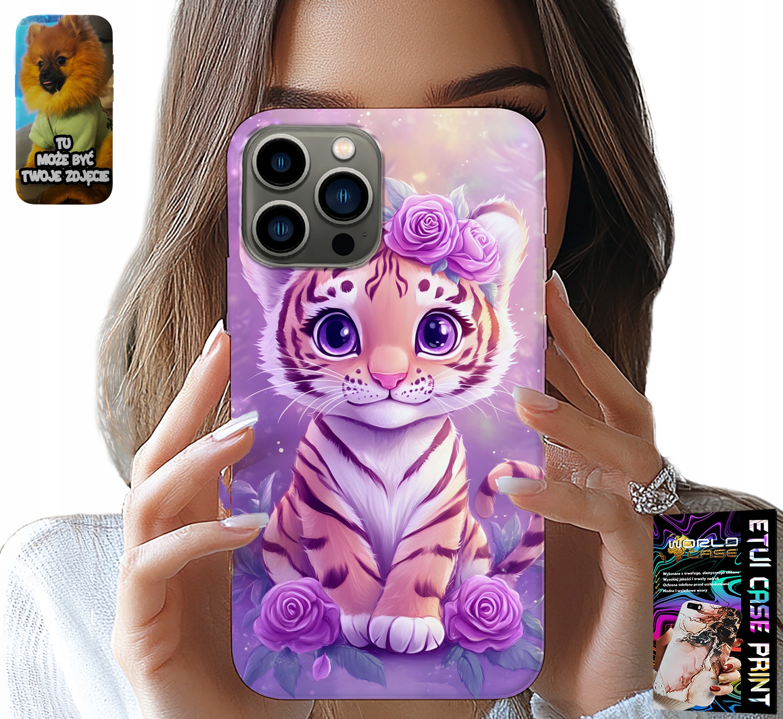 ETUI DO IPHONE 13 PRO - SŁODKI TYGRYSEK NA RÓŻOWYM TLE + SZKŁO