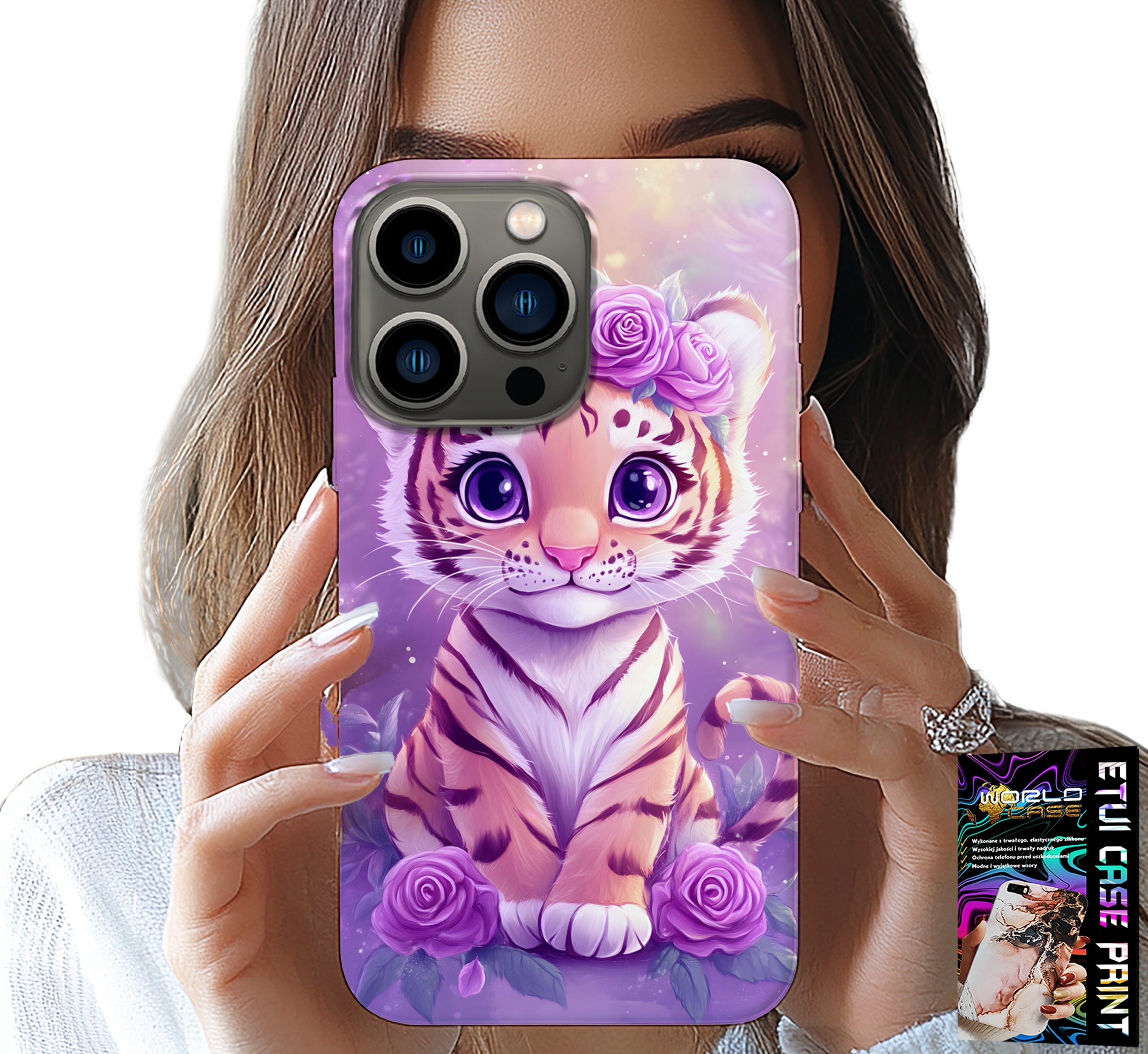 ETUI DO IPHONE 15 PRO MAX - SŁODKI TYGRYSEK NA RÓŻOWYM TLE + SZKŁO