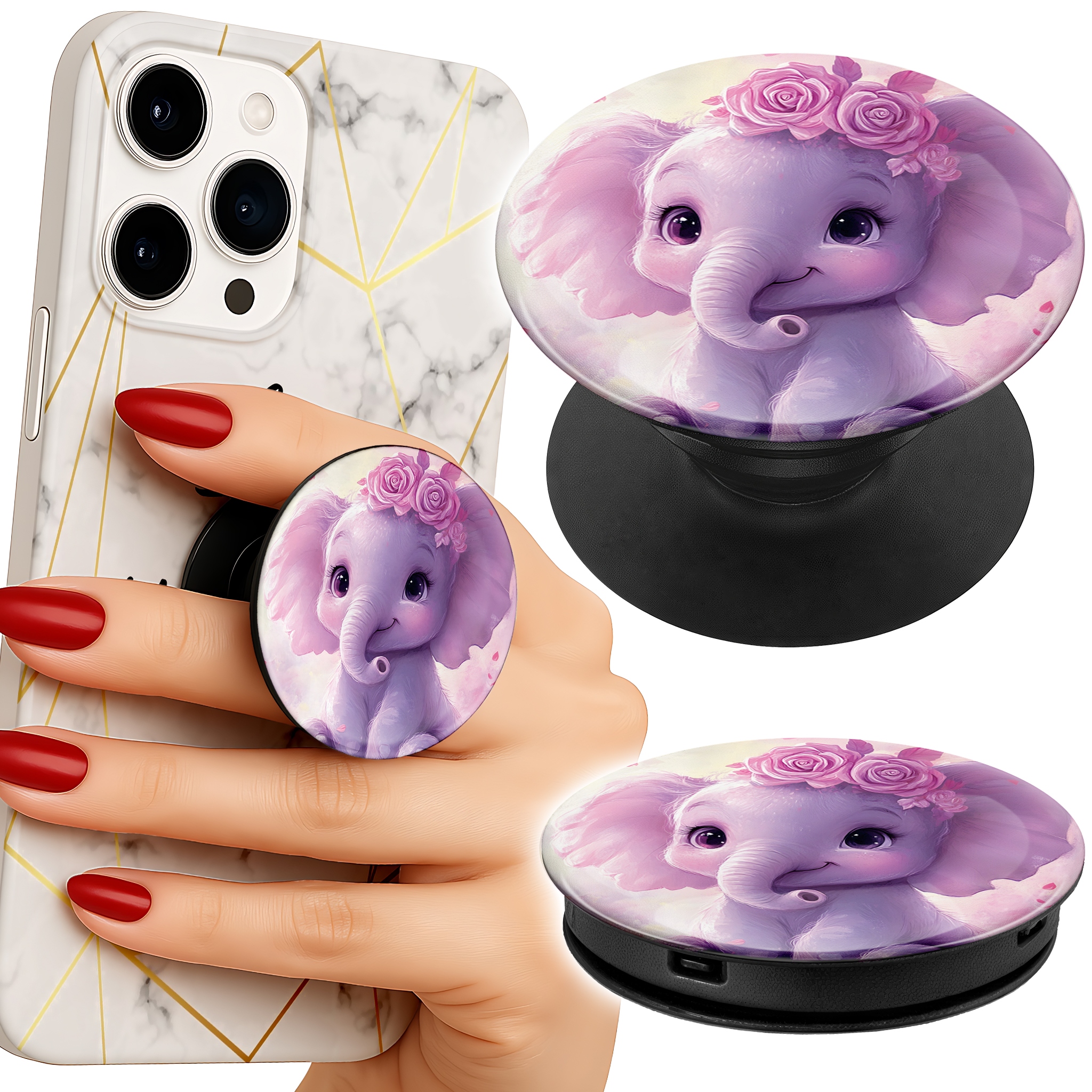 Uchwyt do telefonu Popsocket na palce/stojak SŁODKI SŁONIK NA RÓŻOWYM TLE