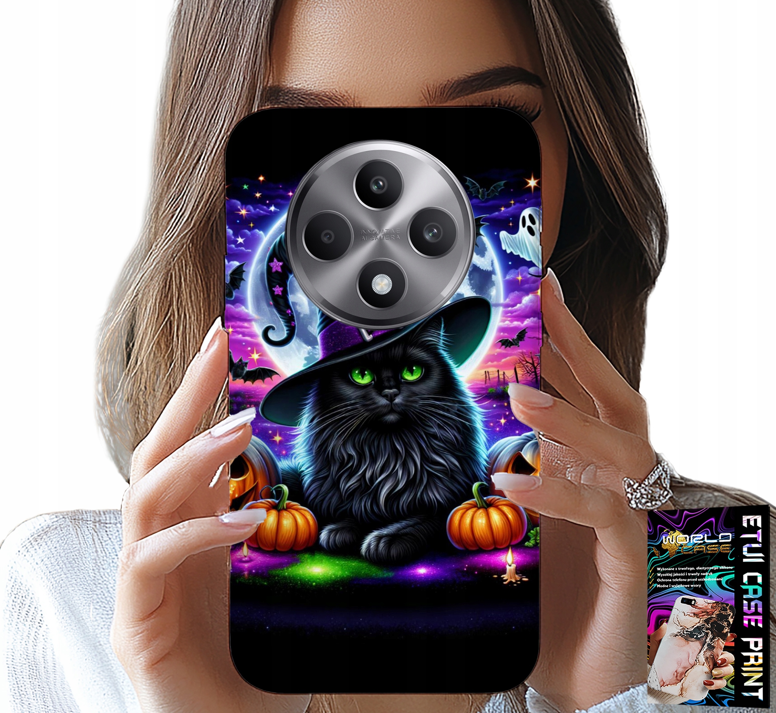 ETUI DO OPPO RENO12 F / 12FS 5G - CZARNY KOTEK HALLOWEEN SALEM DYNIA WZORY