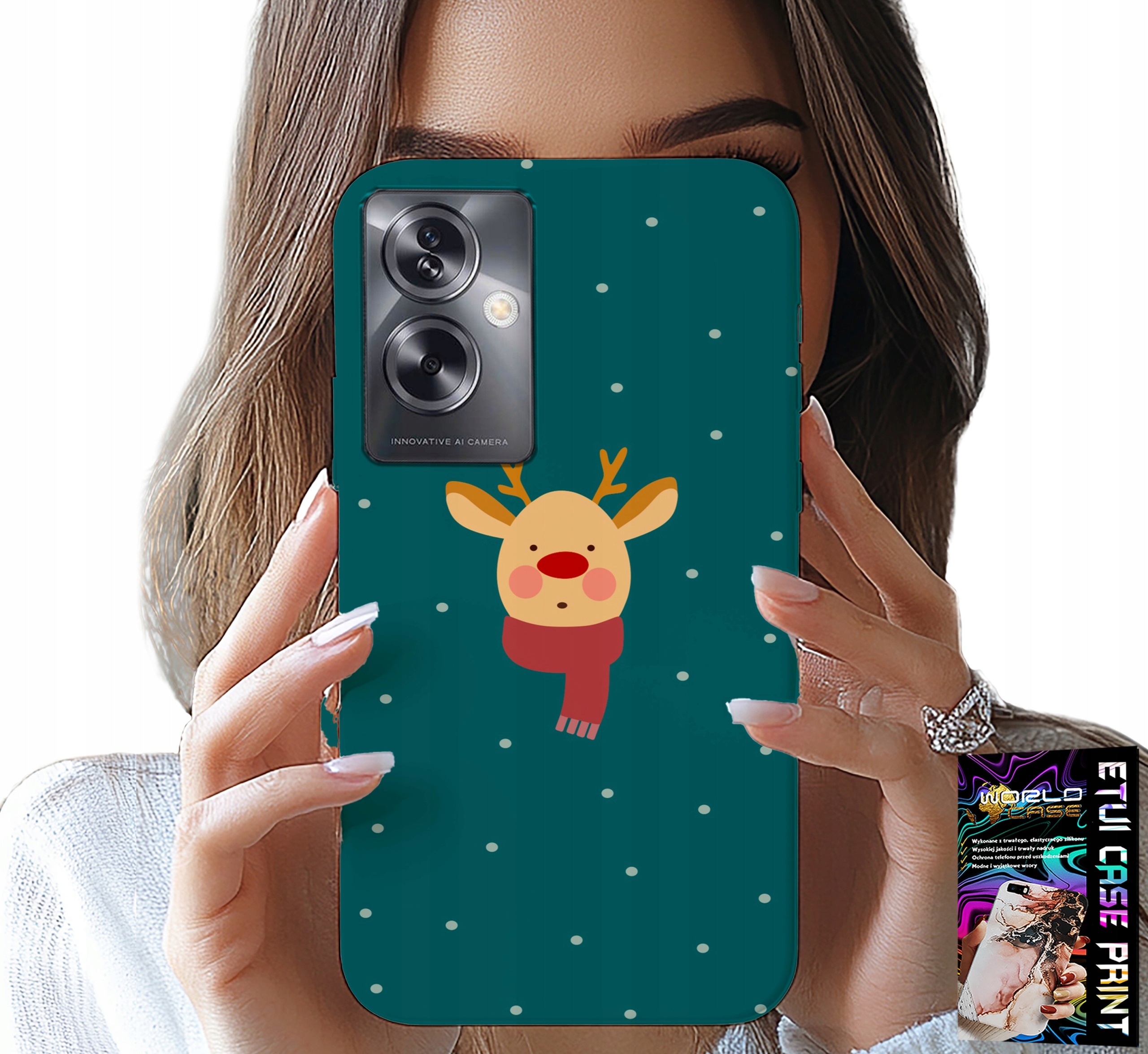 ETUI DO OPPO A79 5G - RENIFER NA ZIELONYM TLE ŚWIĄTECZNE WZORY