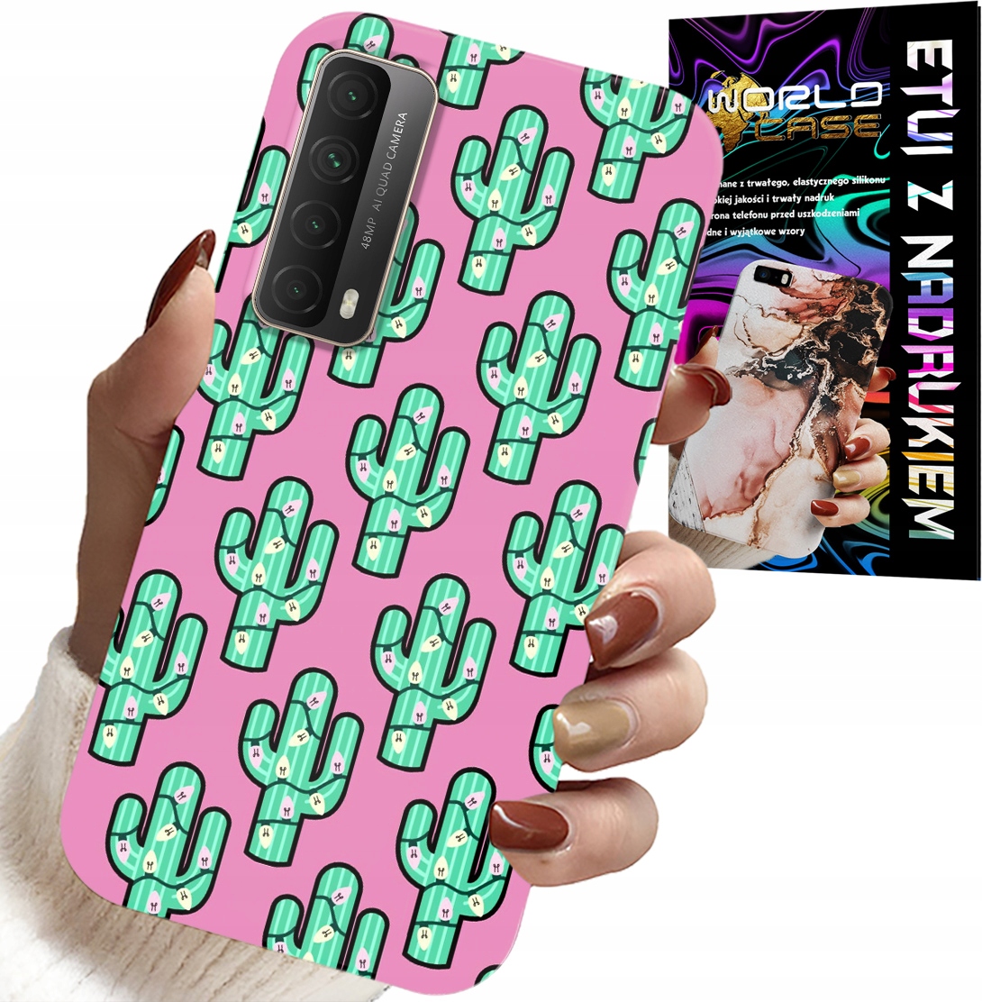 ETUI DO HUAWEI P SMART 2021 - KAKTUSY, KAKTUS NA RÓŻOWYM TLE + FOLIA