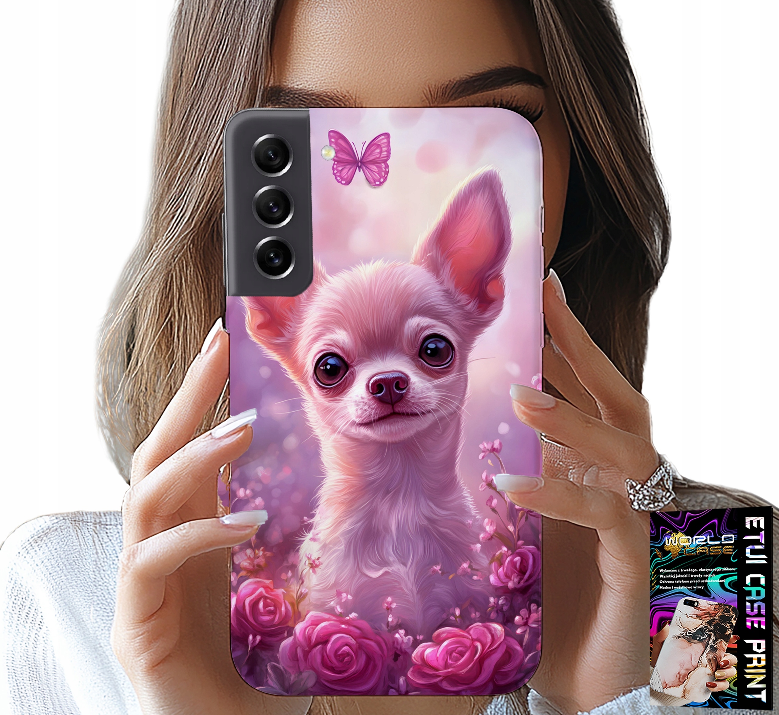ETUI DO SAMSUNG GALAXY S21 - SŁODKA CHIHUAHUA NA RÓŻOWYM TLE KWIATAMI