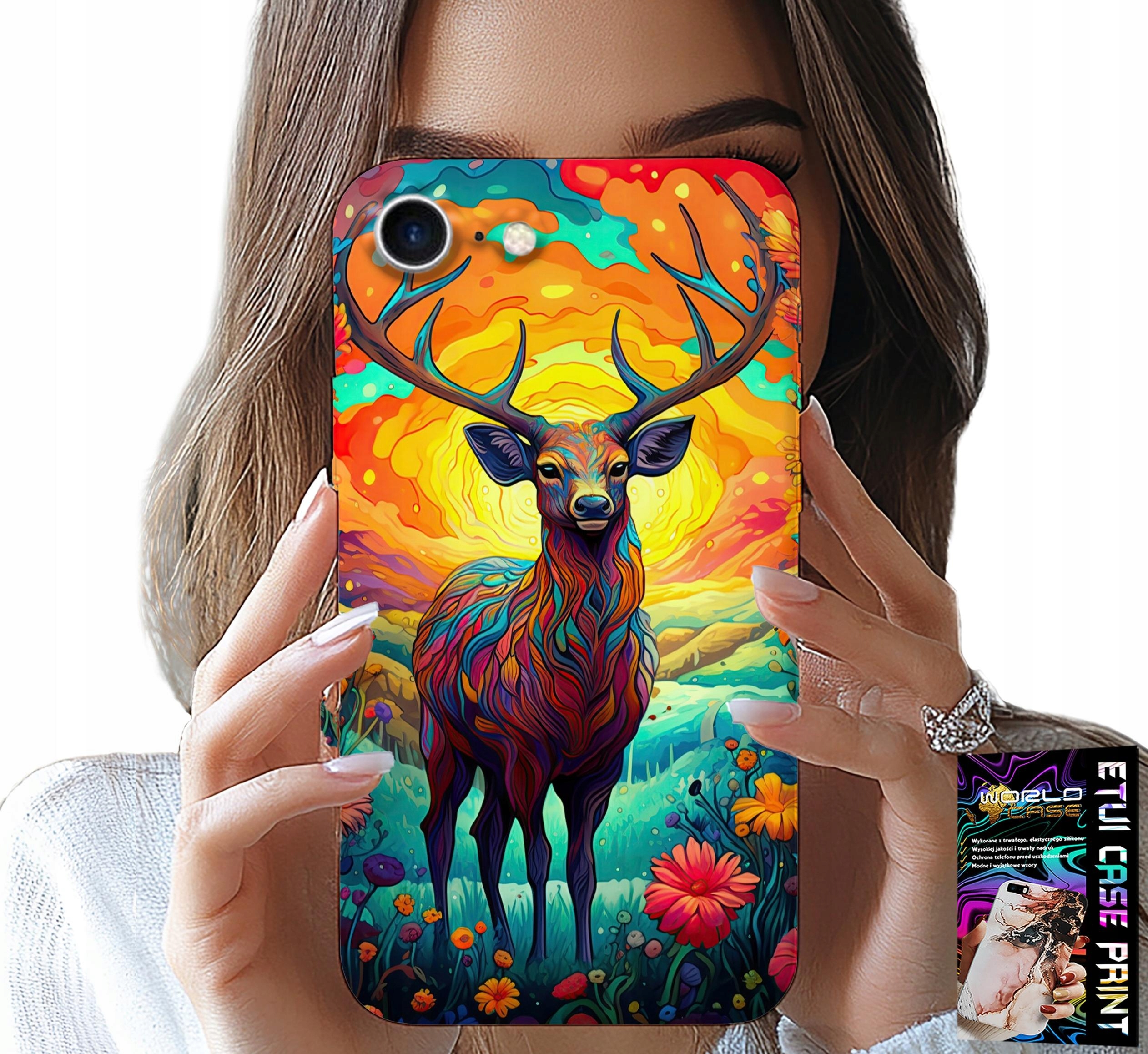 ETUI DO IPHONE 7 / 8 / SE2 - KOLOROWE WZORY JELEŃ ŁOŚ ZWIERZĘTA LEŚNE