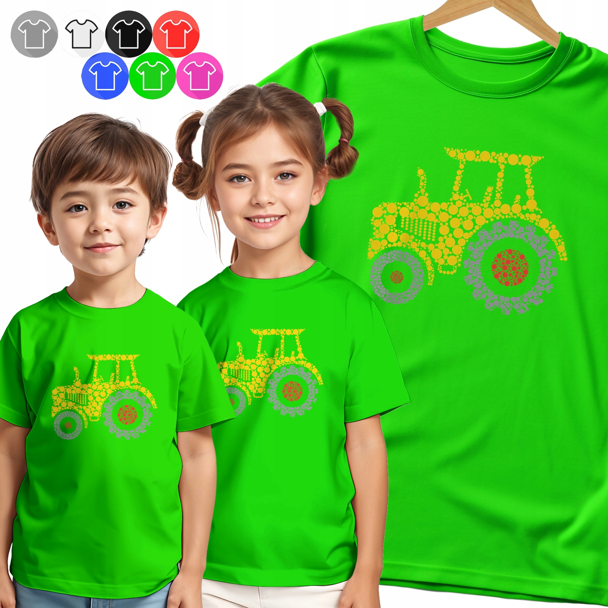 KOSZULKA DZIECIĘCA TSHIRT - KOLOROWE KROPKI TRAKTOR DZIEŃ KROPKI - 146 L