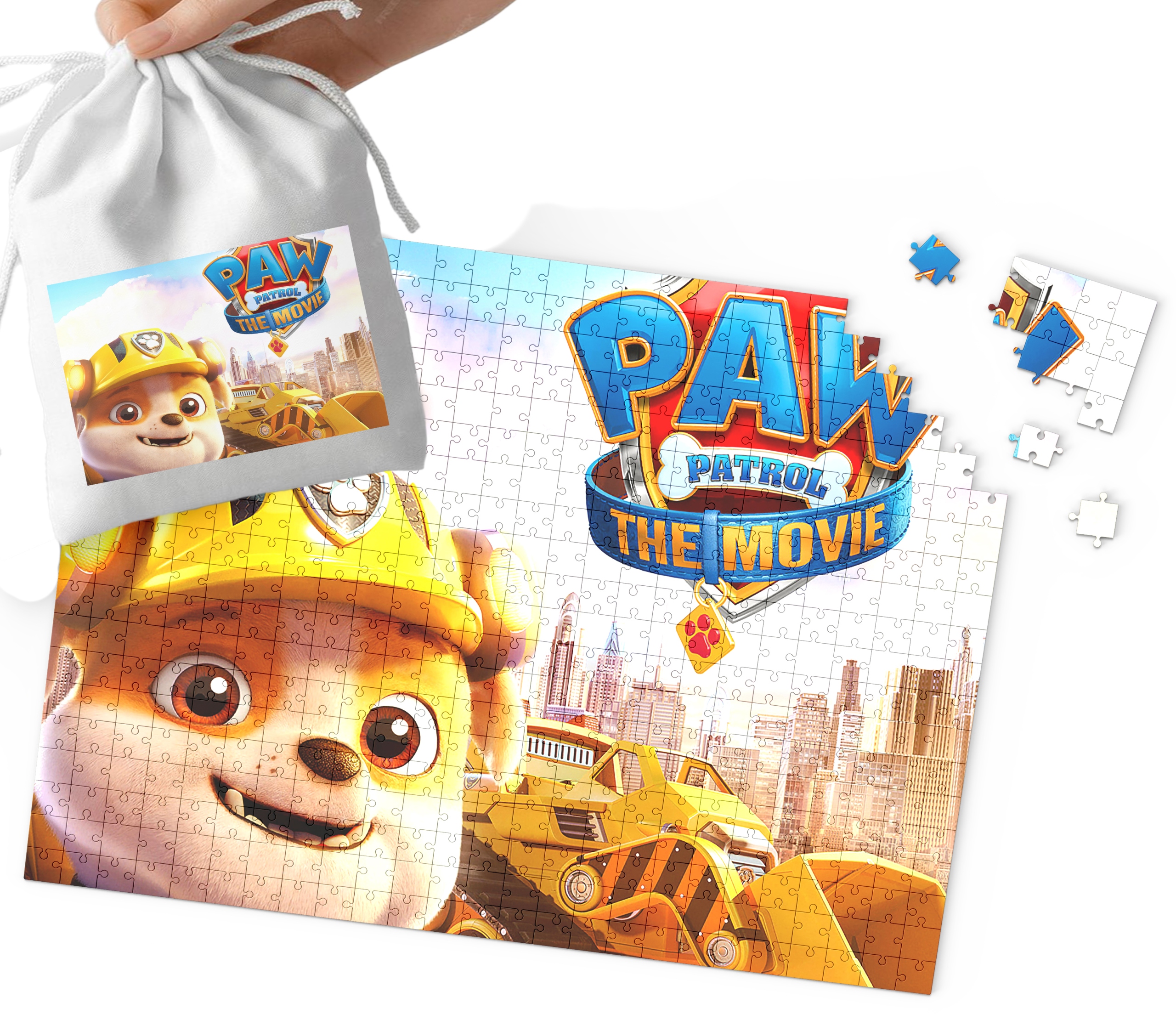PUZZLE PSI PATROL Rubble WZORY Z BAJEK I GIER DLA DZIECI 96EL + WORECZEK