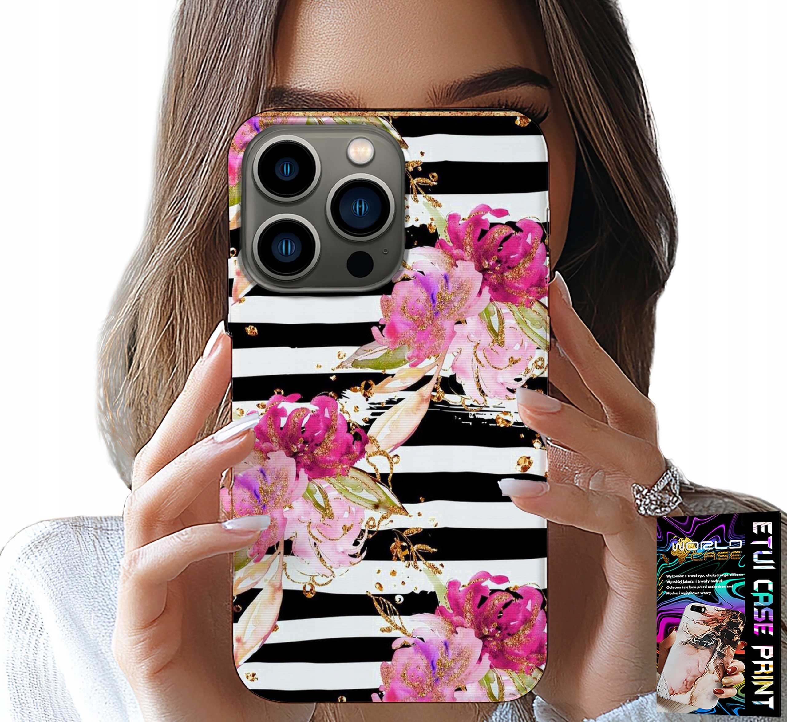 ETUI DO IPHONE 16 PRO - KWIATKI W CZARNO - BIAŁE PASKI WZORY